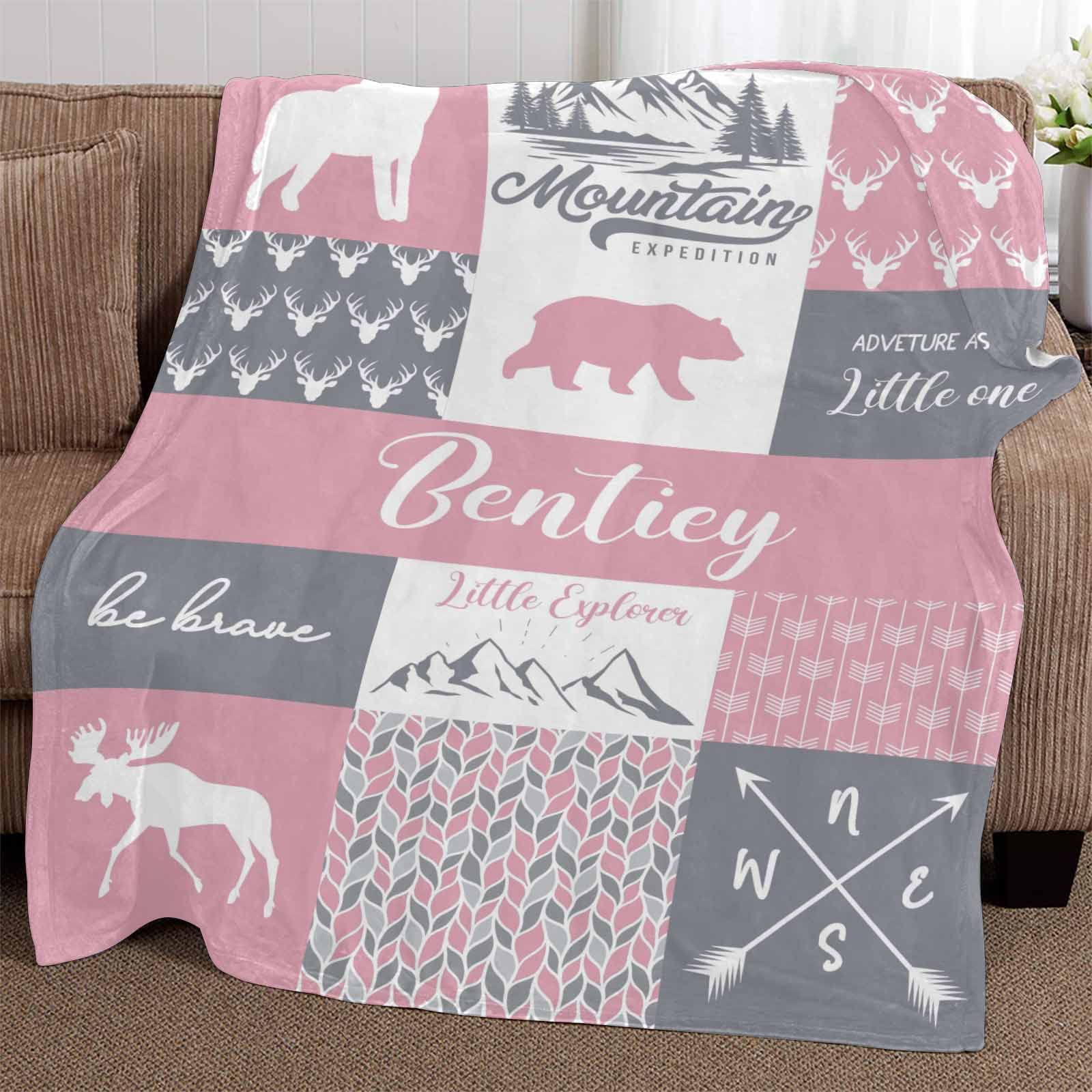 Personalized Baby Blanket with Name - Custom Pink Woodland Bear Deer Wolf Design - Super Soft Fleece Blanket for Newborns, Girls & Boys - Perfect Baby Shower Gift for Nursery, Stroller & Cuddling