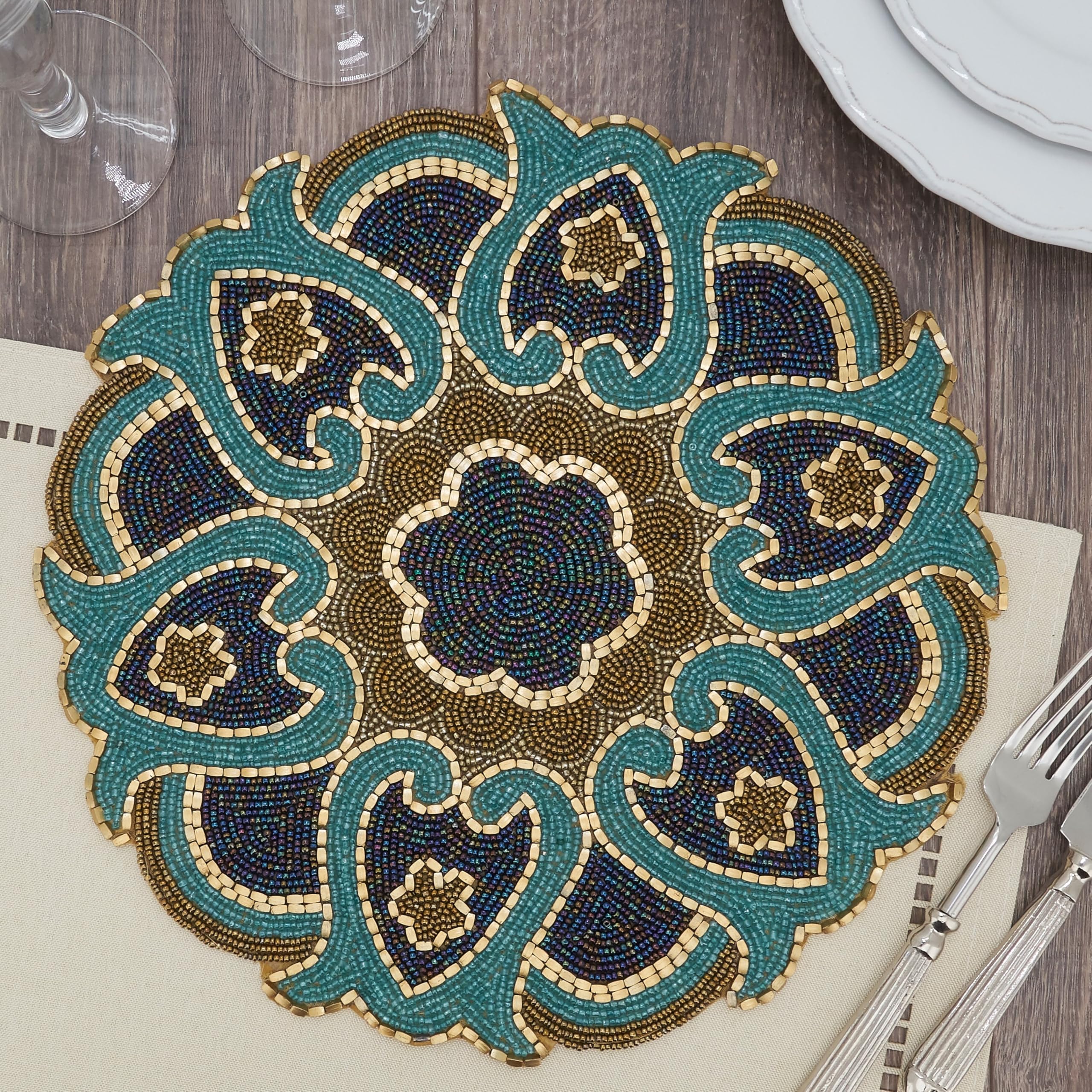 Beaded Round Placemats Set of 4 - Elegant Handwoven Table Mats for Dining, Parties & Home Decor - Perfect for Thanksgiving, Christmas & Everyday Use