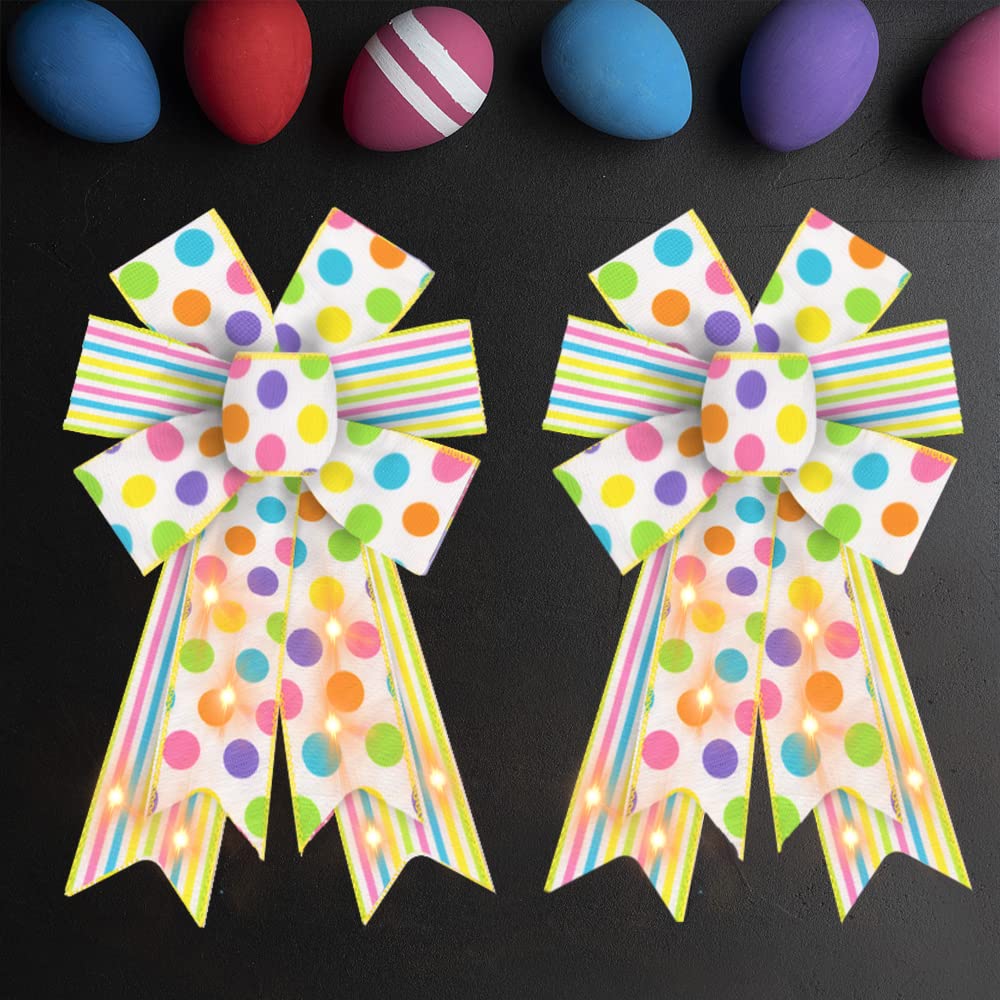 2 Pack LED Easter Bows for Wreaths - White & Yellow Burlap Ribbon Bows with Battery Operated Lights - Spring Holiday Decor for Front Doors, Easter Parties & Gift Wrapping (Includes Dotted Design)