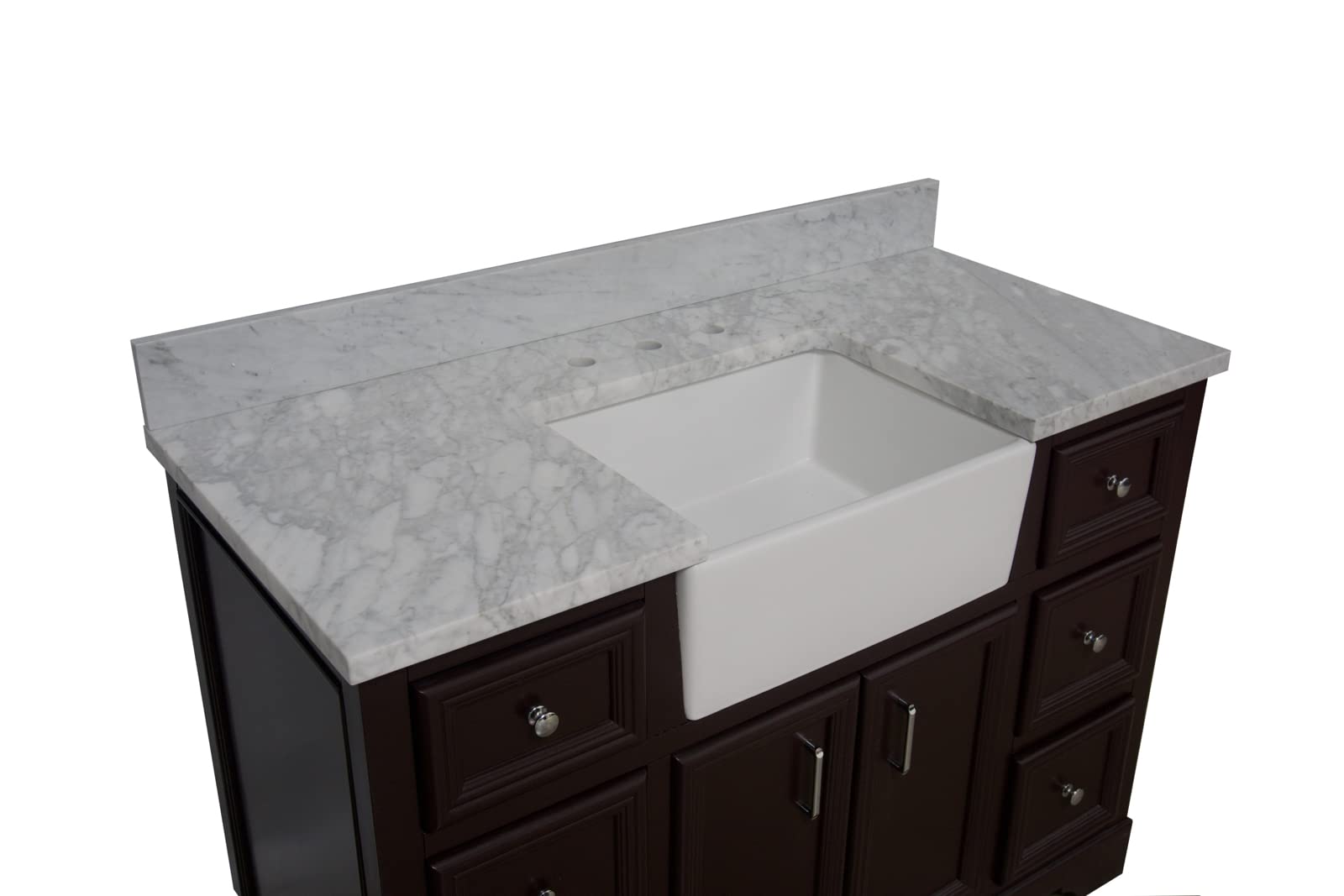 48-inch Farmhouse Vanity with Carrara Marble Top & Apron Sink - Rustic Bathroom Vanity Set with Chocolate Wood Cabinet & White Ceramic Sink for Modern Farmhouse, Cottage, or Vintage Style Bathrooms