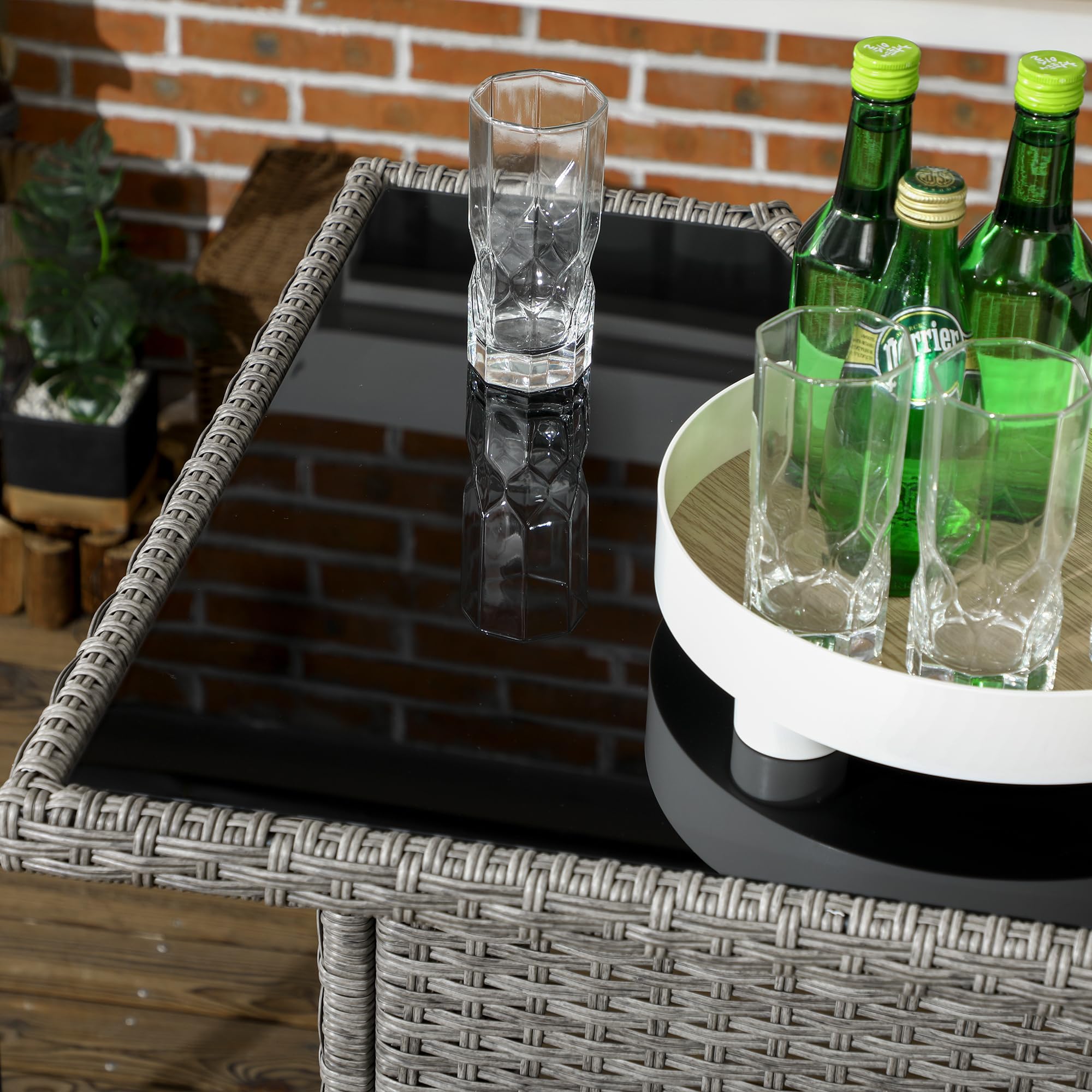 Outsunny 5-Piece Rattan Wicker Bar Set - High Top Outdoor Table & 4 Chairs with Glass Table Top & 2-Tier Storage Shelf - Patio Dining Set for Garden, Poolside, Backyard, Restaurant, Cafe (Gray)