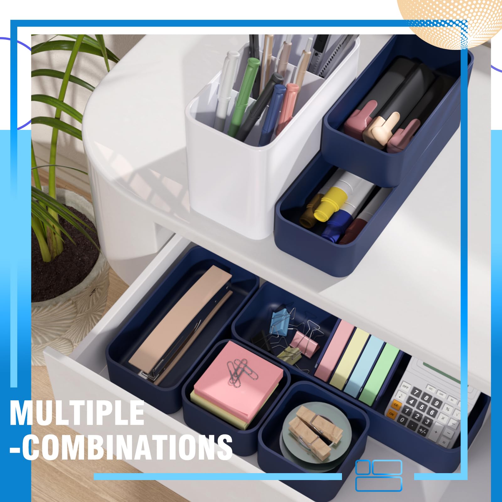 11-Piece Stackable Drawer Organizer Set - Multi-Size Desk & Vanity Storage Bins for Makeup, Stationery, Utensils - Perfect for Bathroom, Dresser, Office & Kitchen Organization