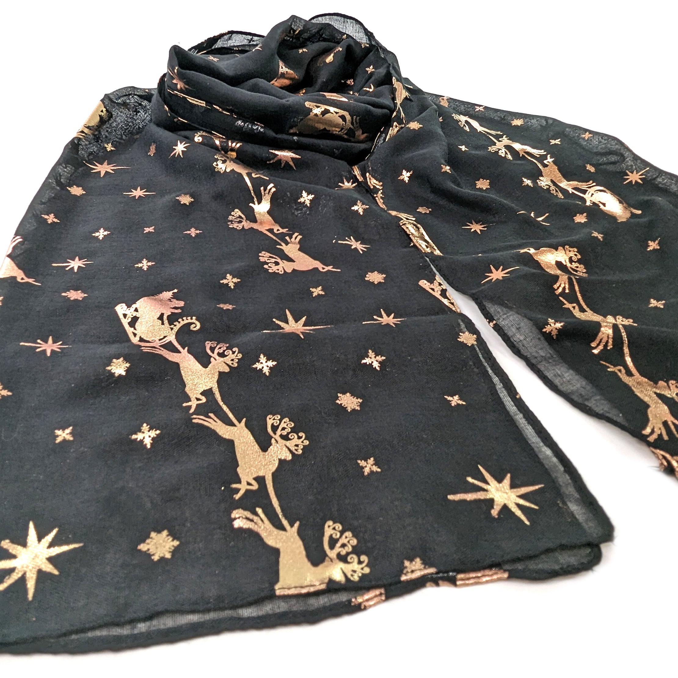 Santa and His Sleigh Scarf - Rose Gold on Black - Perfect for Christmas Gifts & Holiday Fashion Accessories