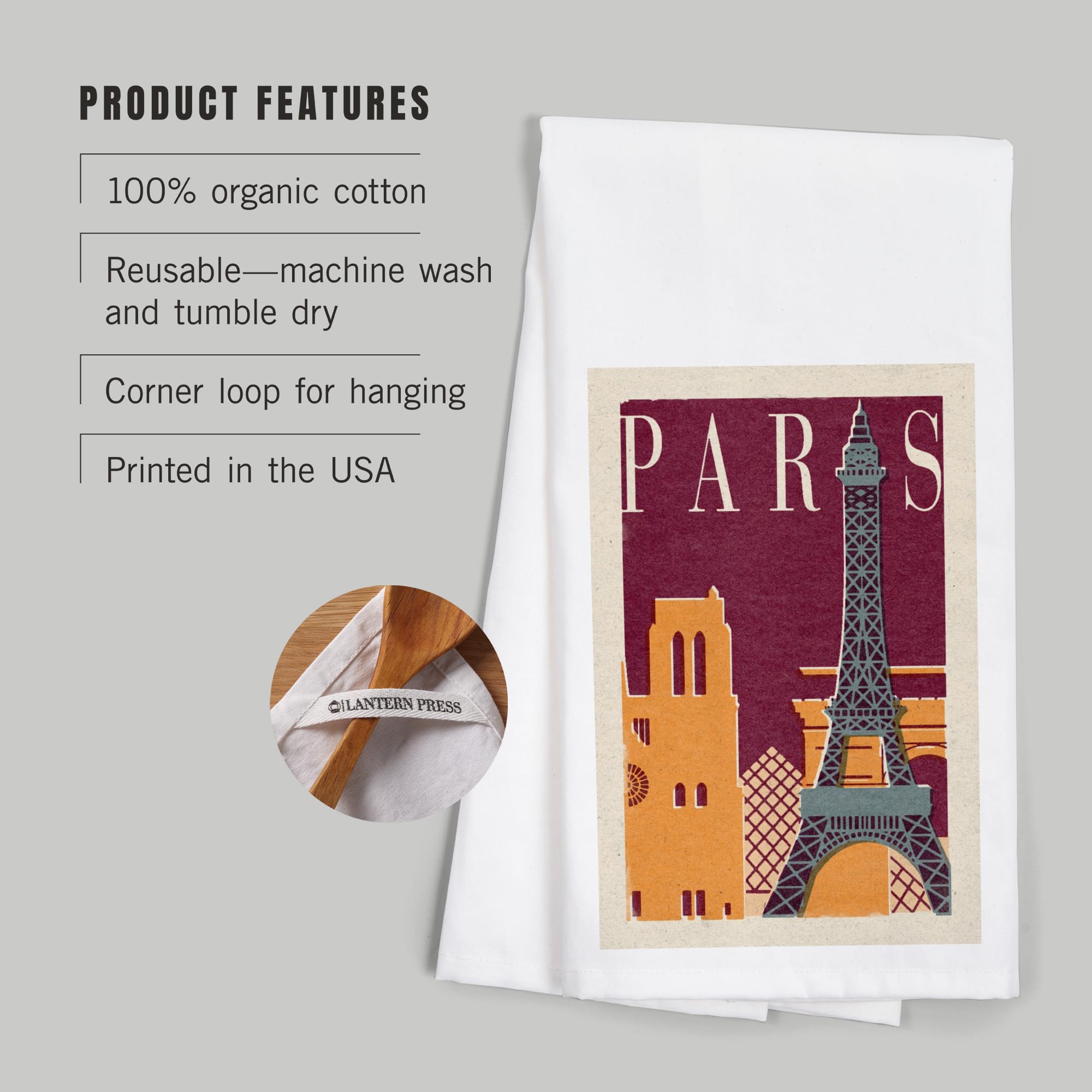 Lantern Press Paris Woodblock Tea Towel - 100% Cotton Decorative Hand Towel for Kitchen & Home | Perfect for Cooking, Dish Drying & Farmhouse Decor
