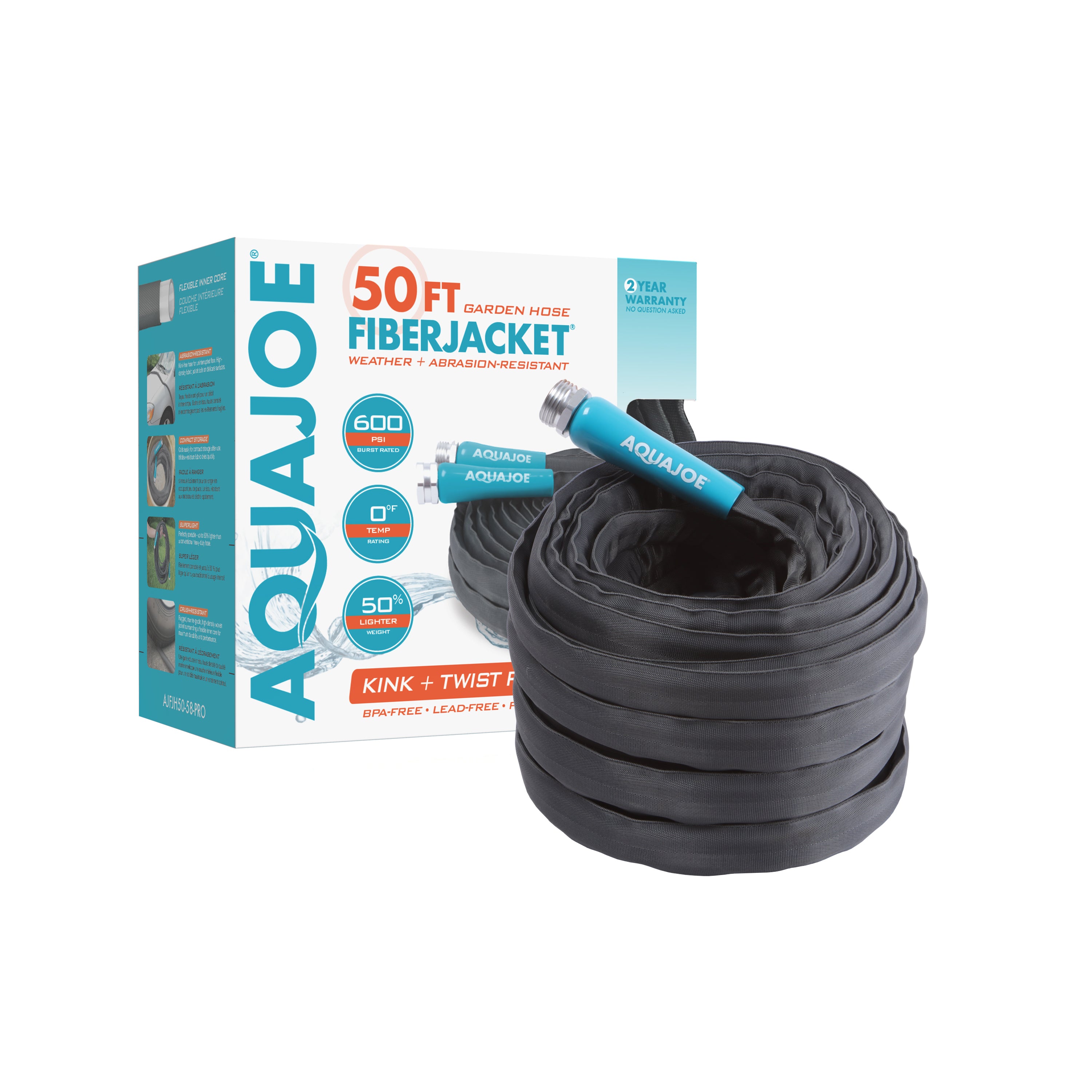 Aqua Joe AJFJH50 58 PRO Ultra Flexible Kink-Free Fiberjacket Garden Hose - 50 Foot Heavy Duty Water Hose with Metal Fittings for Lawn, Garden & Outdoor Watering