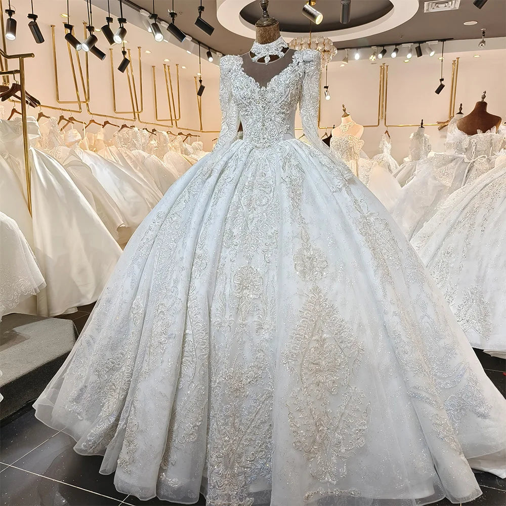 Vintage Glitter Long Sleeve Pleated Ball Gown Backless Wedding Dress - Elegant Evening Gown for Prom, Bridal Party & Formal Events