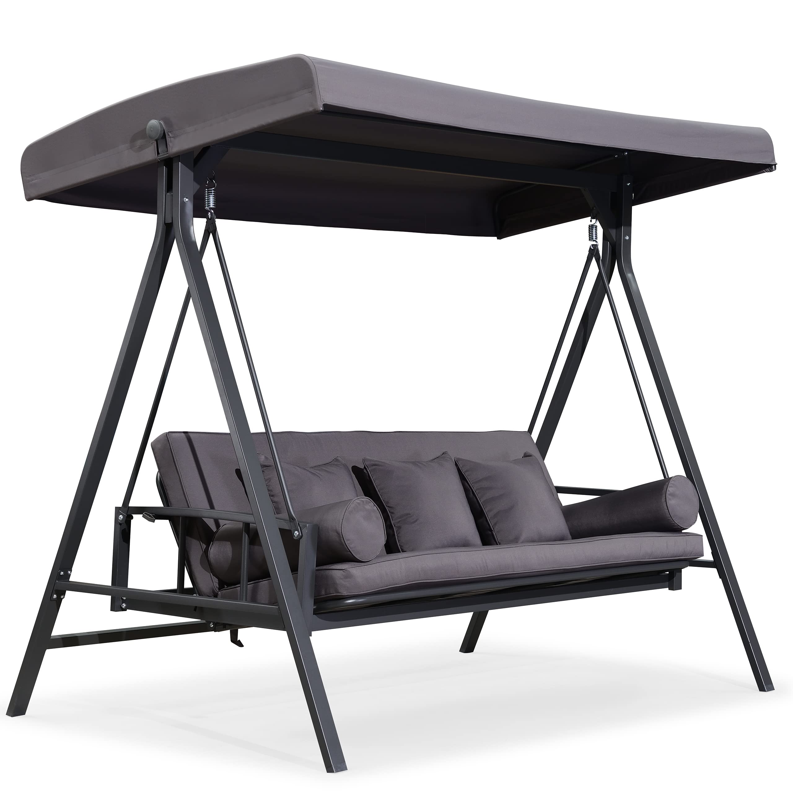 PURPLE LEAF 3-Seater Outdoor Patio Swing Chair with Adjustable Backrest - Weather-Resistant Steel Frame, Includes Cushion & Pillows (Grey) - Perfect for Backyard, Front Porch, Garden or Lawn Relaxation