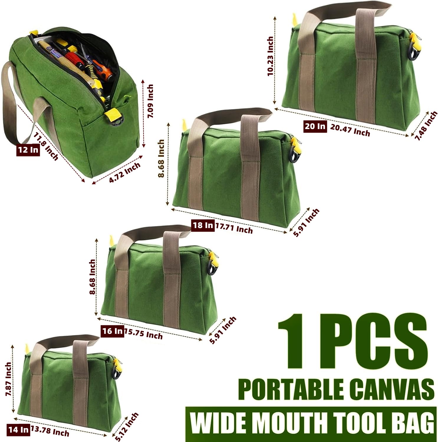 BLIRITEL 14 Inch Heavy Duty Canvas Tool Bag - Wide Mouth Large Capacity Organizer Tote for Wrenches, Pliers & DIY Tools | Durable Storage Solution for Electricians, Carpenters & Home Improvement (Green)