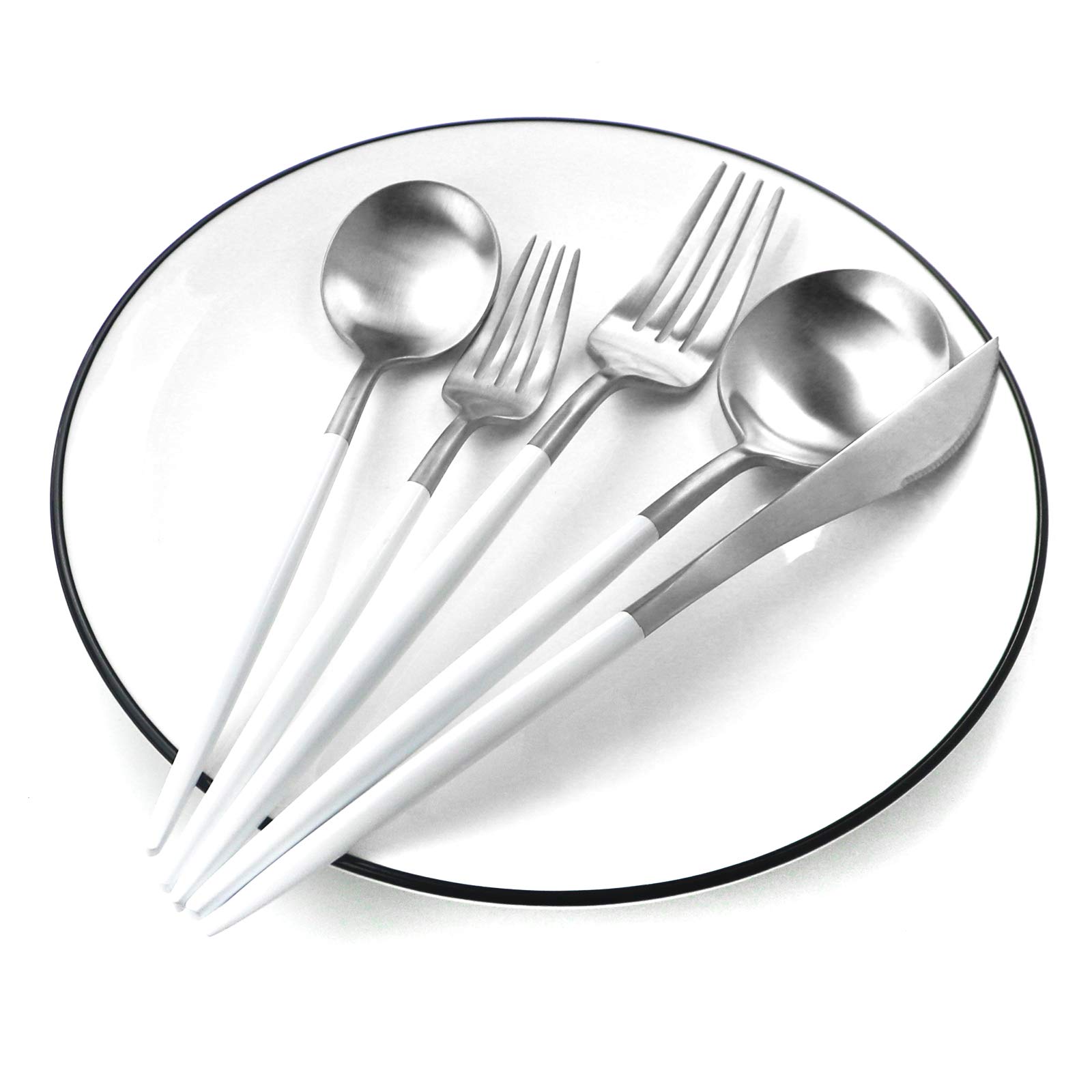 Premium 20-Piece Matte White Handle 18/10 Stainless Steel Flatware Set for 4 - Includes Forks, Spoons & Knives - Elegant Dining & Camping Silverware - Perfect for Home, Travel & Outdoor Use (White Silver)