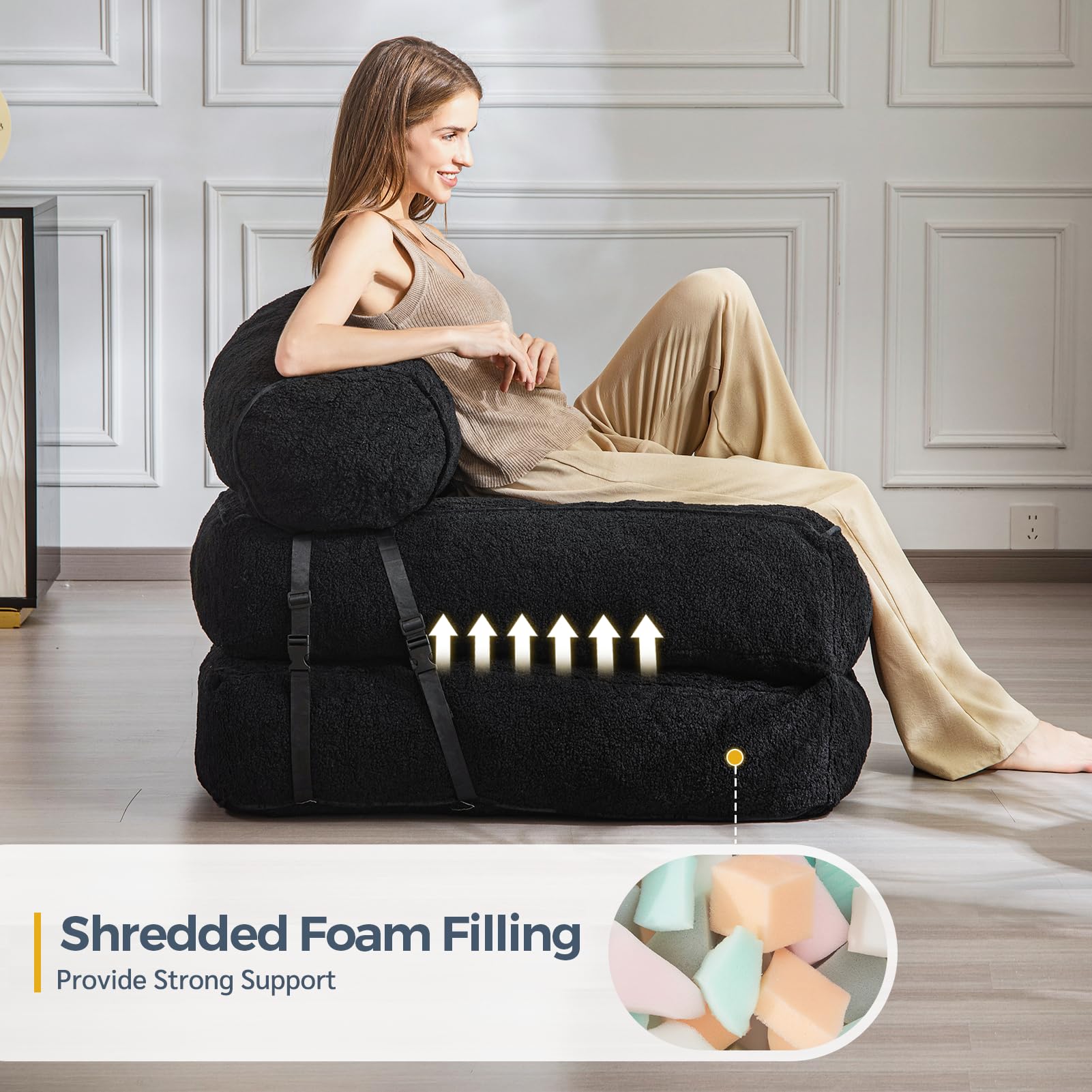 MAXYOYO Folding Sofa Bed - Convertible Boucle Sleeper Chair with Bolster Pillow, Multi-Functional Floor Sofa Lounge for Living Room & Bedroom (Black) | Perfect for Small Spaces, Guest Rooms & Apartment Living