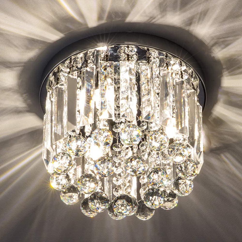 Modern K9 Crystal Flush Mount LED Ceiling Light - 3-Light Mini Chandelier for Bedroom, Hallway, Living Room & Kitchen - 9.8