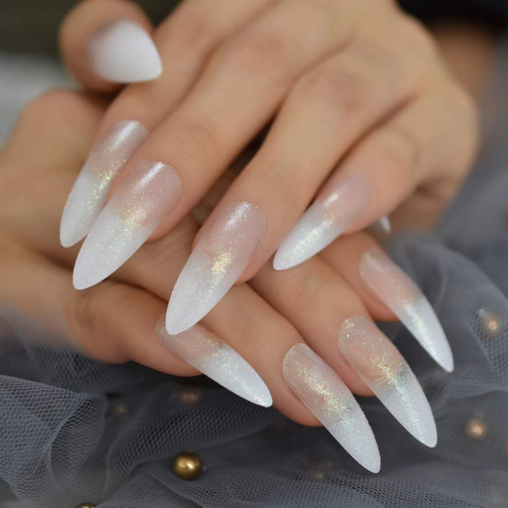 Extra Long Shimmer Glitter White French Press On Nails - Pre-Designed Fake Nails with Jelly Stickers for Easy Application | Perfect for Parties, Weddings & Special Occasions