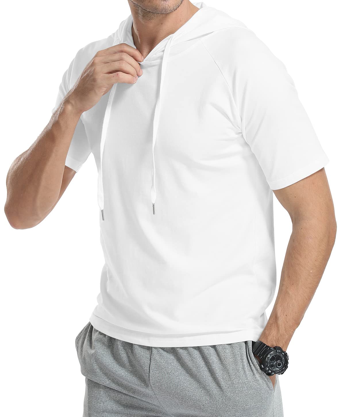 KUYIGO Men's Lightweight Short Sleeve Hooded Sweatshirt - Athletic Pullover T-Shirt for Gym, Running & Casual Wear | Breathable Solid Color Fashion Top