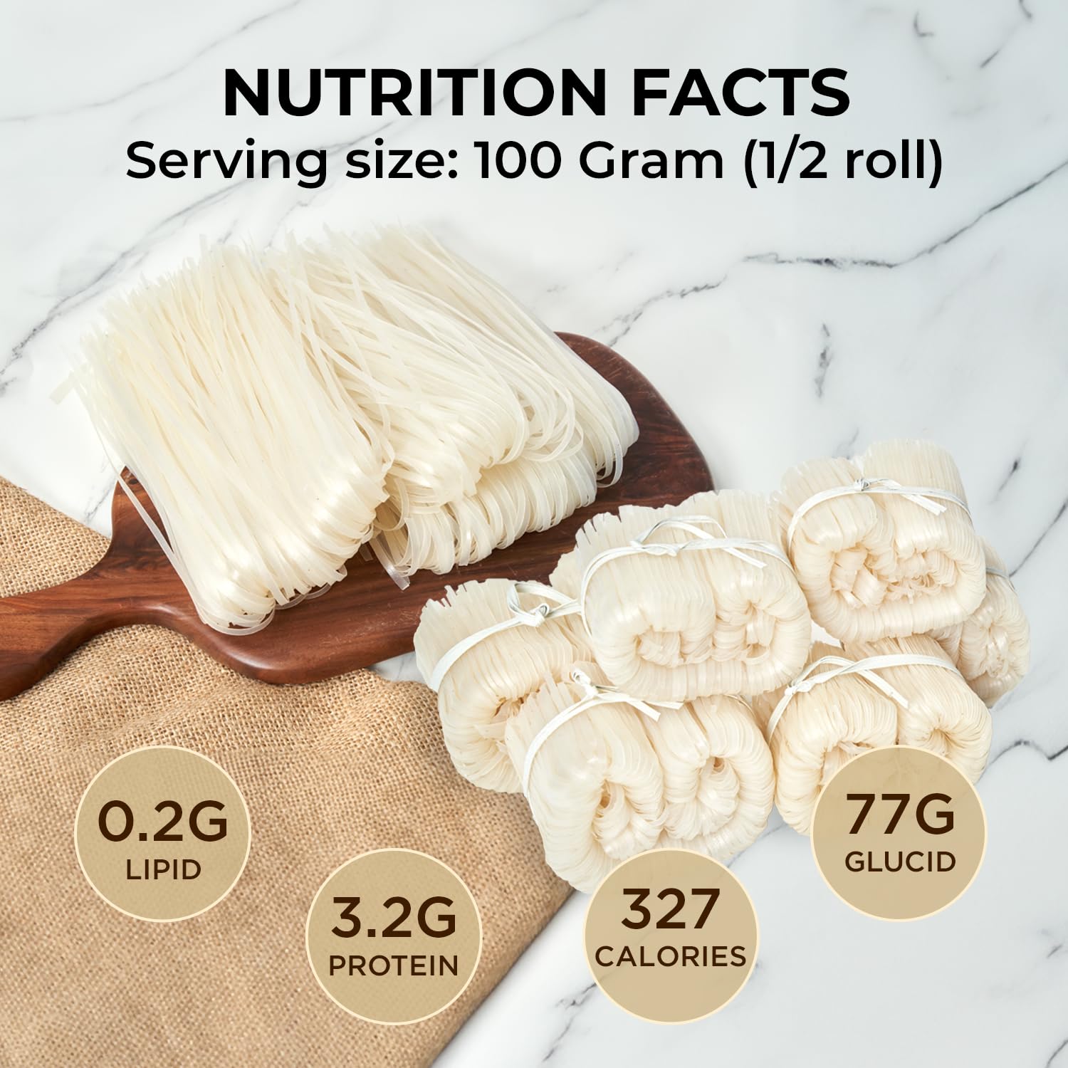VUONG MART 21.2 Oz Vietnamese Rice Noodles - Organic Vegan Gluten-Free Low Calorie No Preservative Healthy Asian Noodles | Perfect for Stir Fry, Hot Pot, Soup & Salad | 3 Rolls per Pack (600g) | Authentic Pho & Spring Roll Ingredient