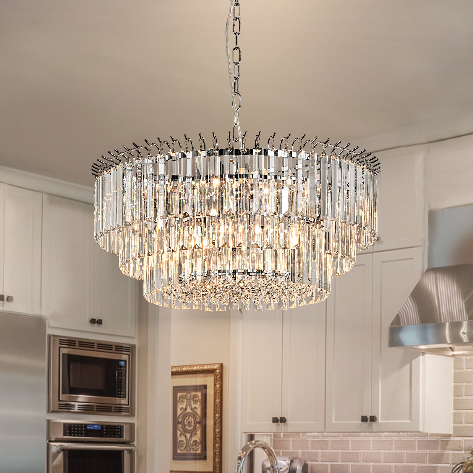 Glowlings 9-Light Modern 23-Inch Wide Chrome Round Tiered Crystal Chandelier - Elegant Dining Room Lighting for Home Decor