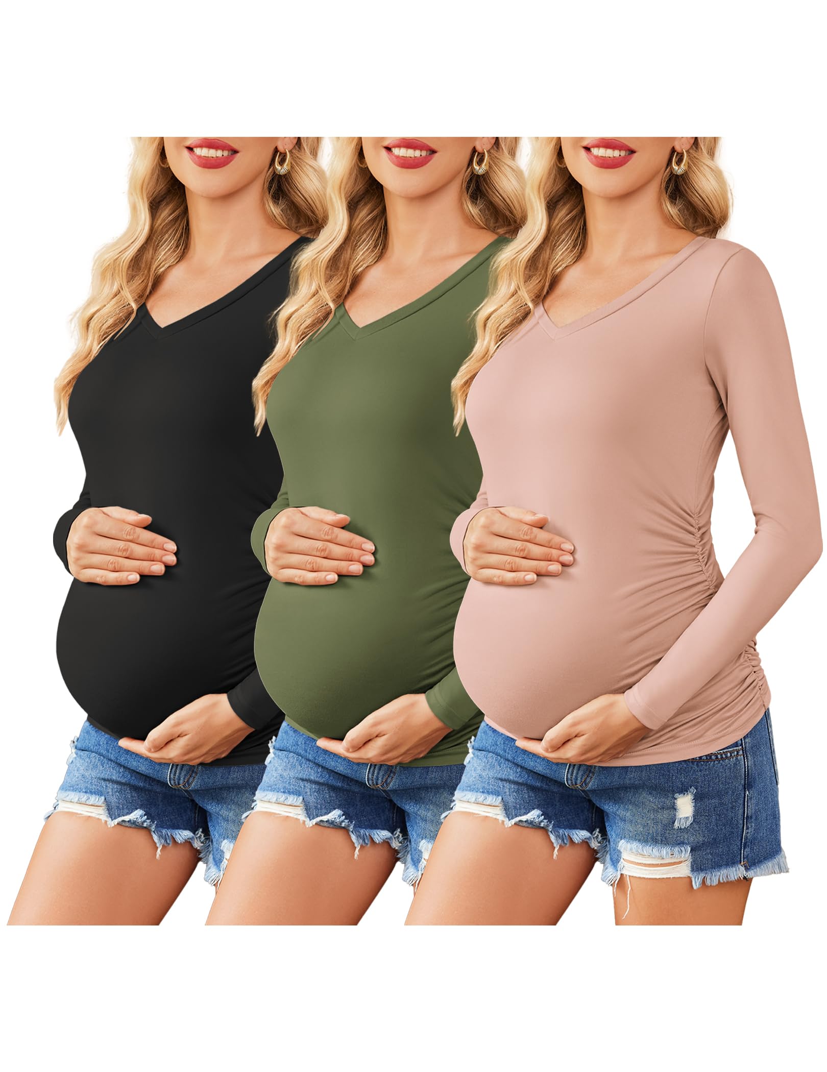 Ekouaer Women's Maternity Shirts 3 Pack - Long Sleeve V-Neck Pregnancy Tops & Tunics for Fall (S-XXL) | Comfortable Nursing Clothes for Expecting Moms at Work or Home