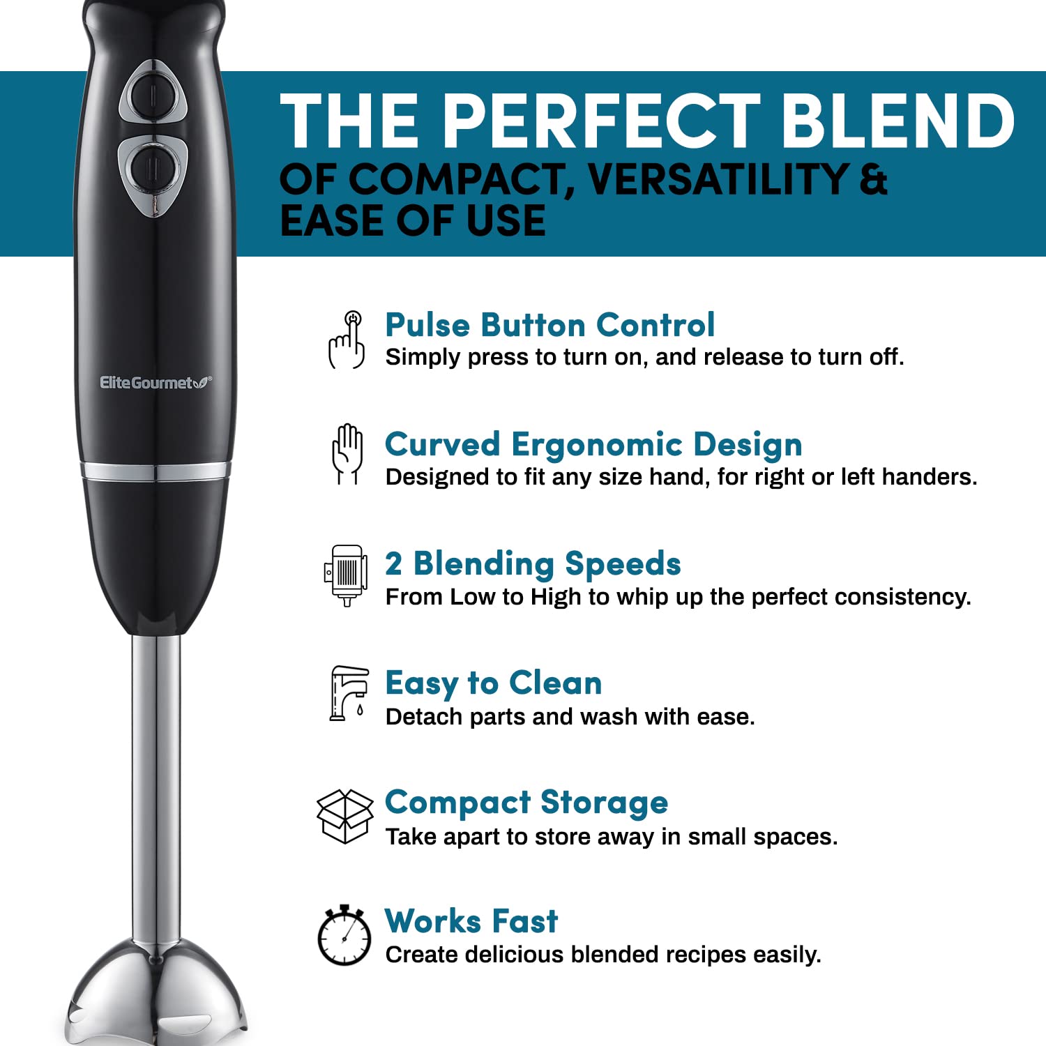 Elite Gourmet EHB1015 500W 2-Speed Immersion Hand Blender with Stainless Steel Blades - Detachable Stick Mixer for Smoothies, Baby Food, Soup & More - Perfect for Kitchen, Restaurant & Home Cooking (Black)