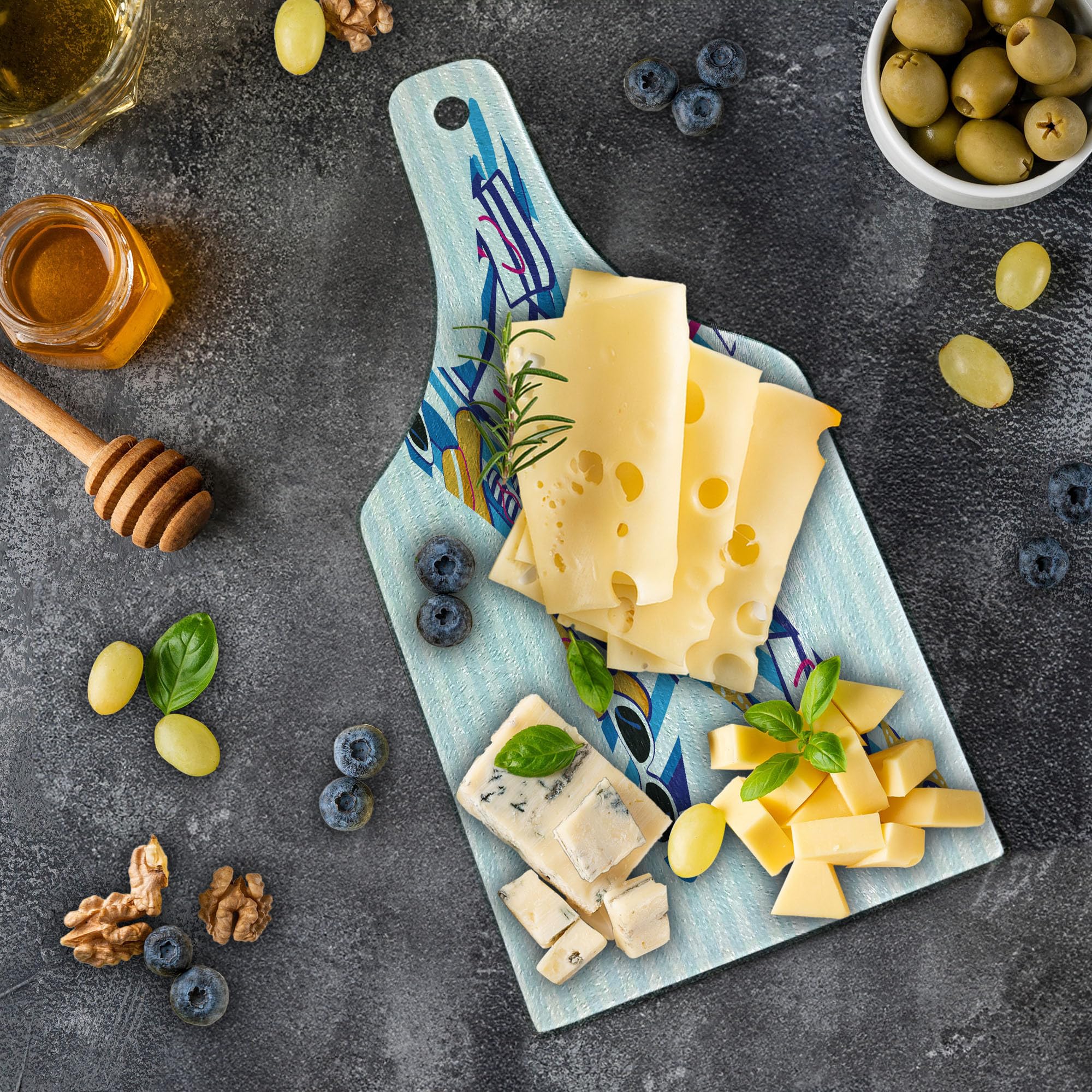 Ambesonne Starfish Tempered Glass Cutting Board - Cartoon Summer Vacation Design with Striped Backdrop - Decorative Serving Board for Cheese, Charcuterie & Wine - Perfect for Beach Parties & Coastal Kitchen Decor