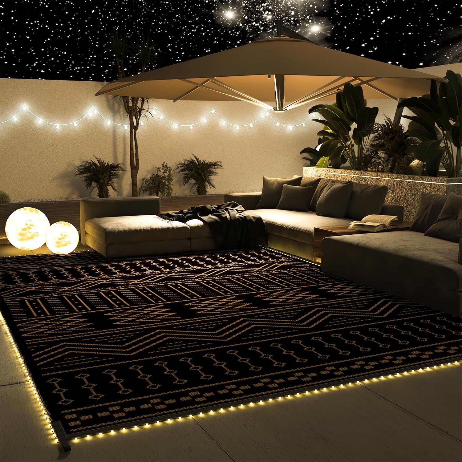 Waterproof 8x10 ft Outdoor Rug with LED Strip Lights - Reversible Lightweight Plastic Straw Mat for Patio, RV, Camping & Picnic | Indoor/Outside Boho Decor for Garden, Deck & Backyard