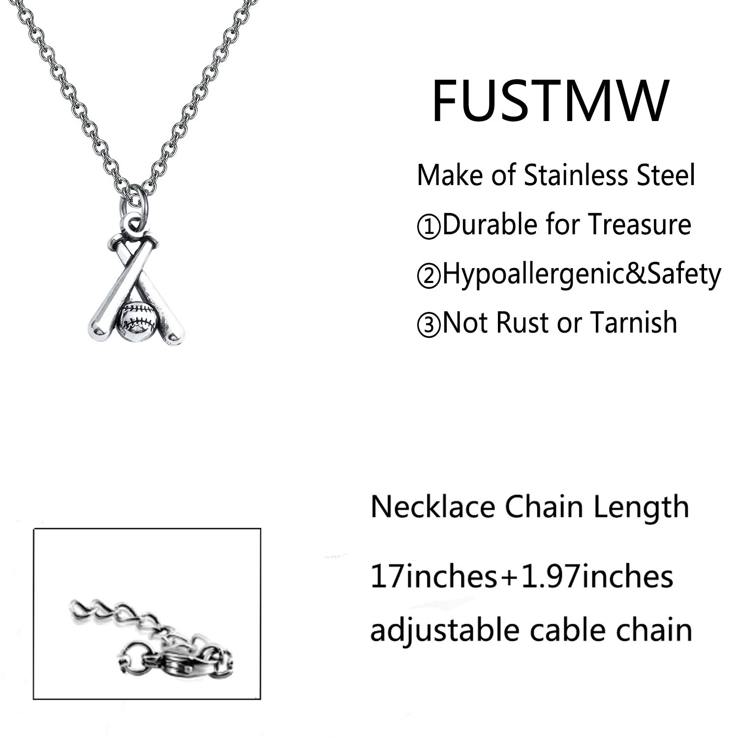 FUSTMW Baseball Bat Cross Necklace - Stainless Steel Baseball Jewelry Gift for Women, Men, Players & Baseball Lovers - Perfect for Games, Gifts & Everyday Wear