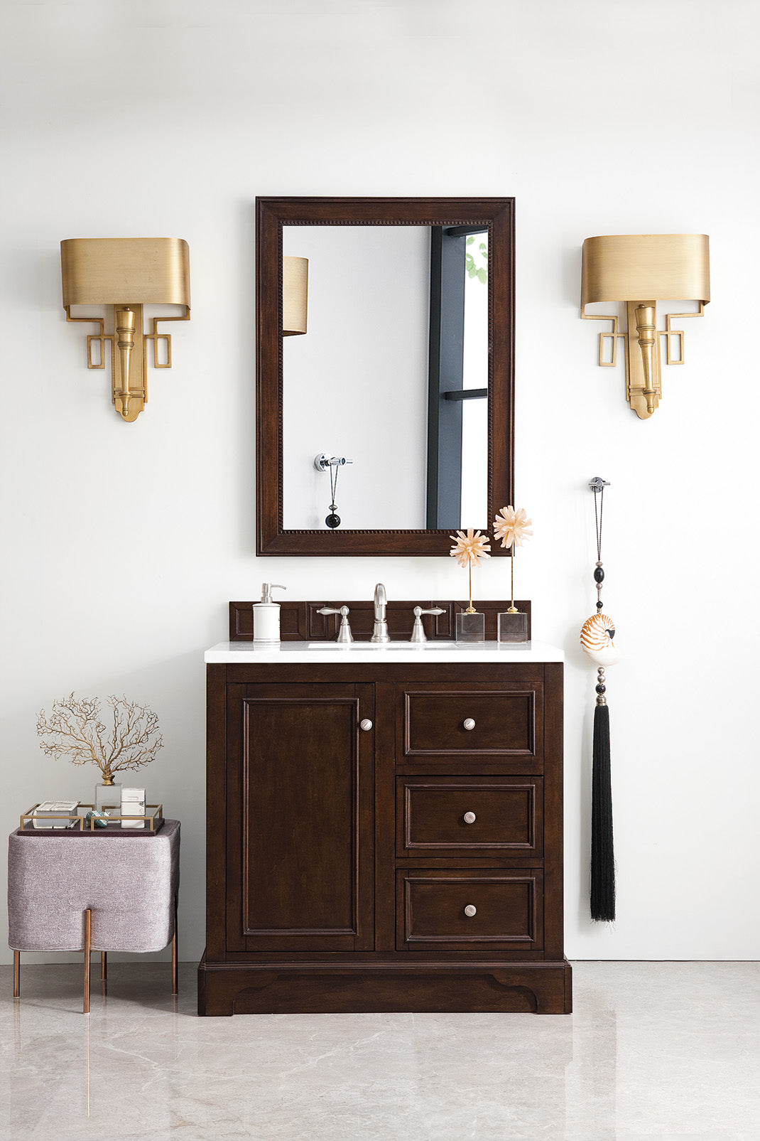 De Soto 36 Inch Single Bathroom Vanity with Burnished Mahogany Finish & 3CM Arctic Fall Solid Surface Top - Perfect for Modern Home, Apartment, or Guest Bathroom Renovation