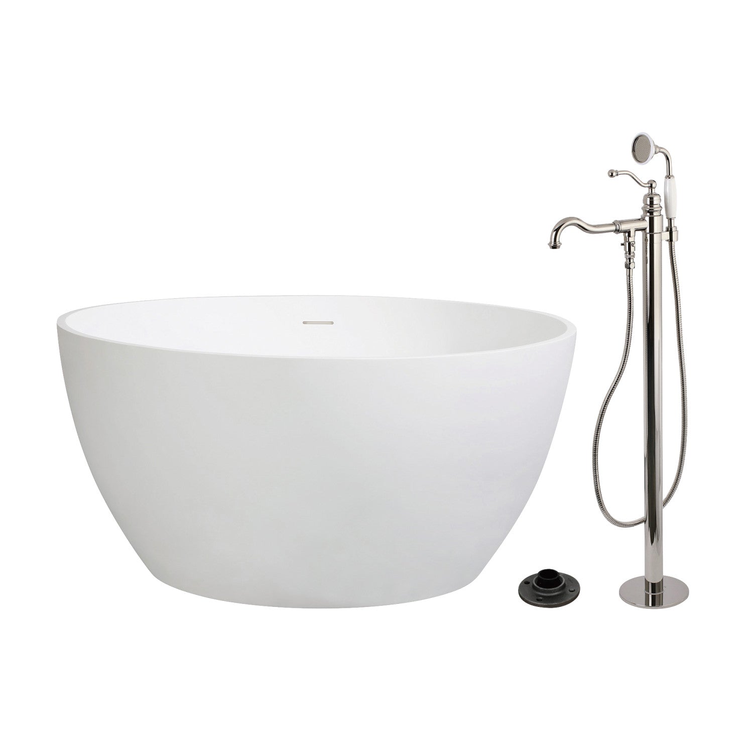 45 Inch Freestanding Soaking Bathtub with Faucet - Solid Surface Round Double Ended Tub - Polished Nickel Finish - Perfect for Luxury Bathrooms & Spa Retreats