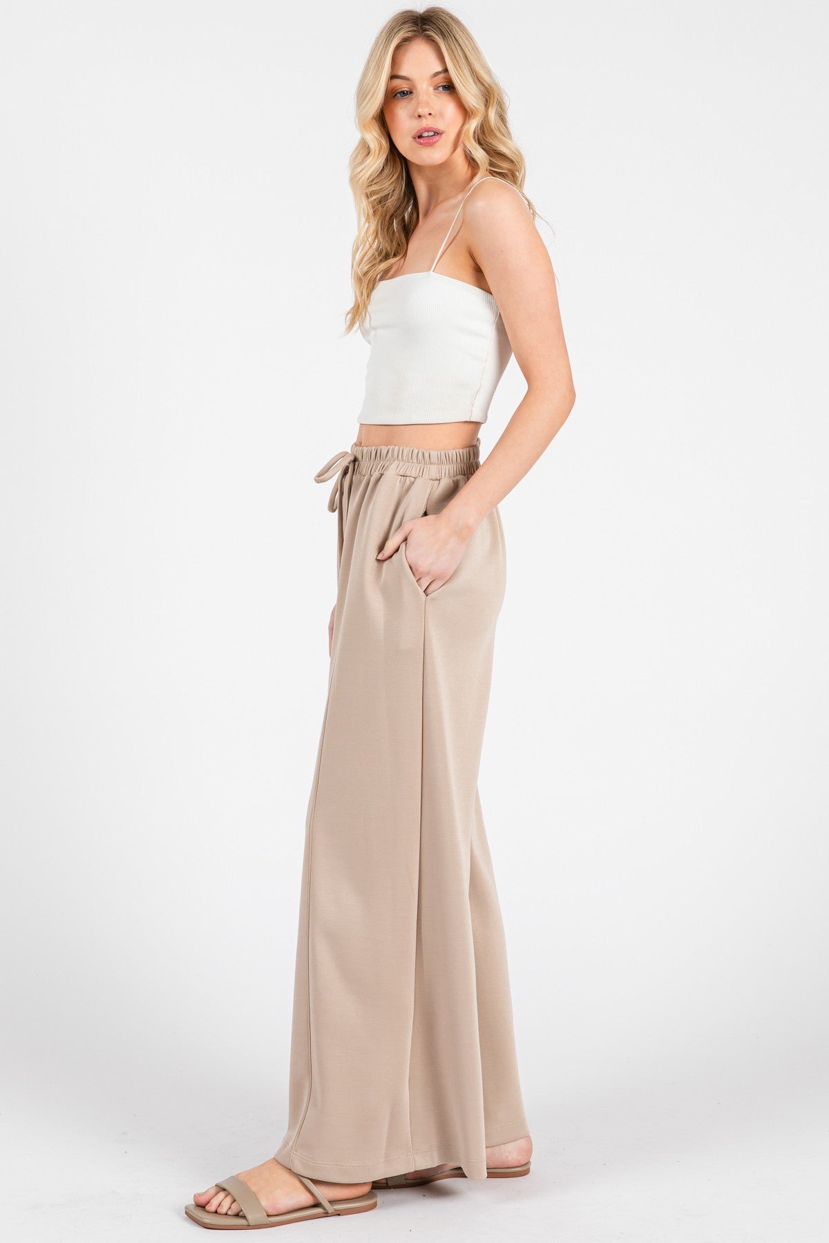 Beige Drawstring Wide Leg Pants for Women - Comfortable High Waisted Linen Trousers with Pockets | Casual, Office & Travel Outfit