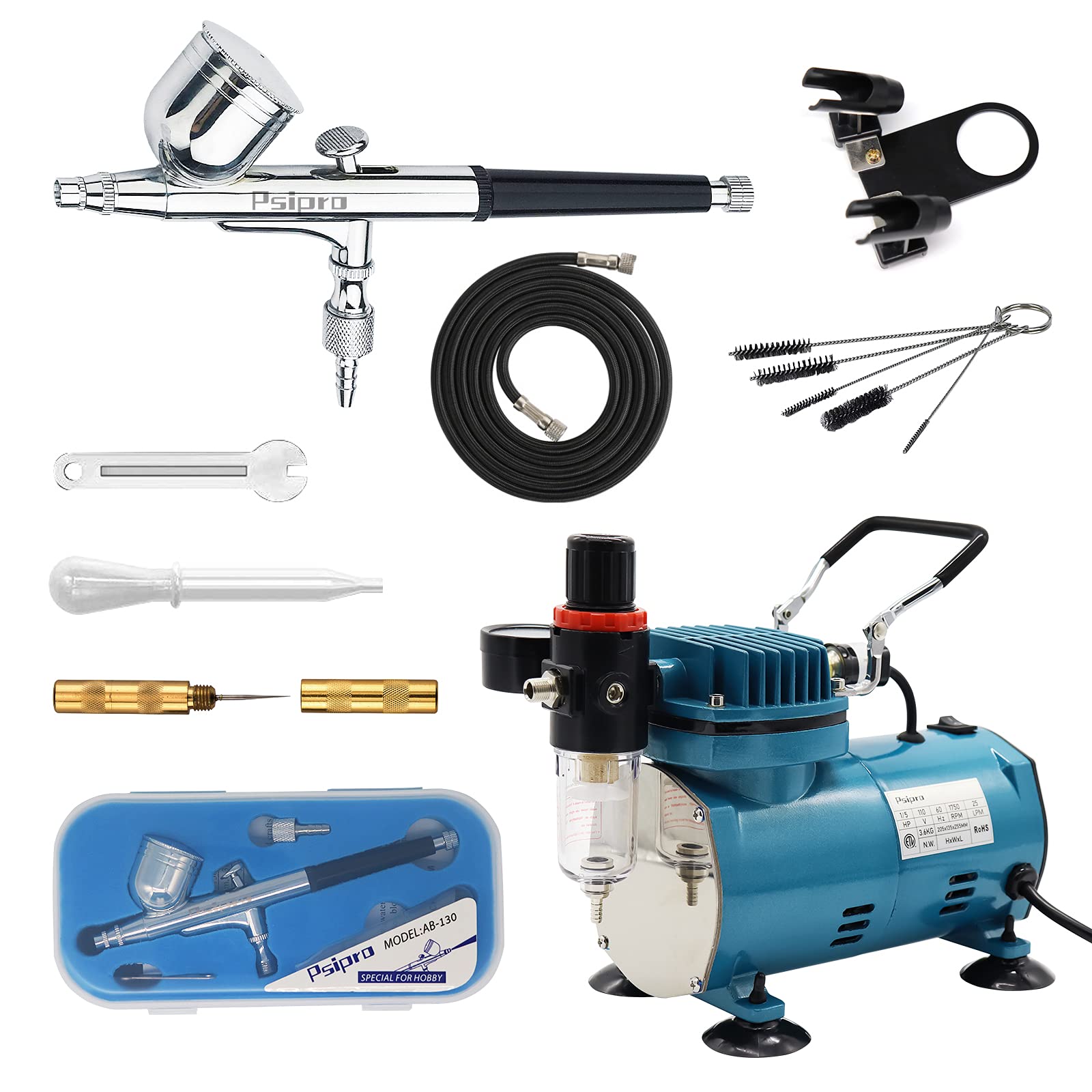 1/5HP Airbrush Compressor Kit with Dual-Action Gravity Feed Airbrush, Holder, Cleaning Brush & 6ft Hose - Perfect for Model Painting, Cake Decorating, Nail Art & DIY Crafts