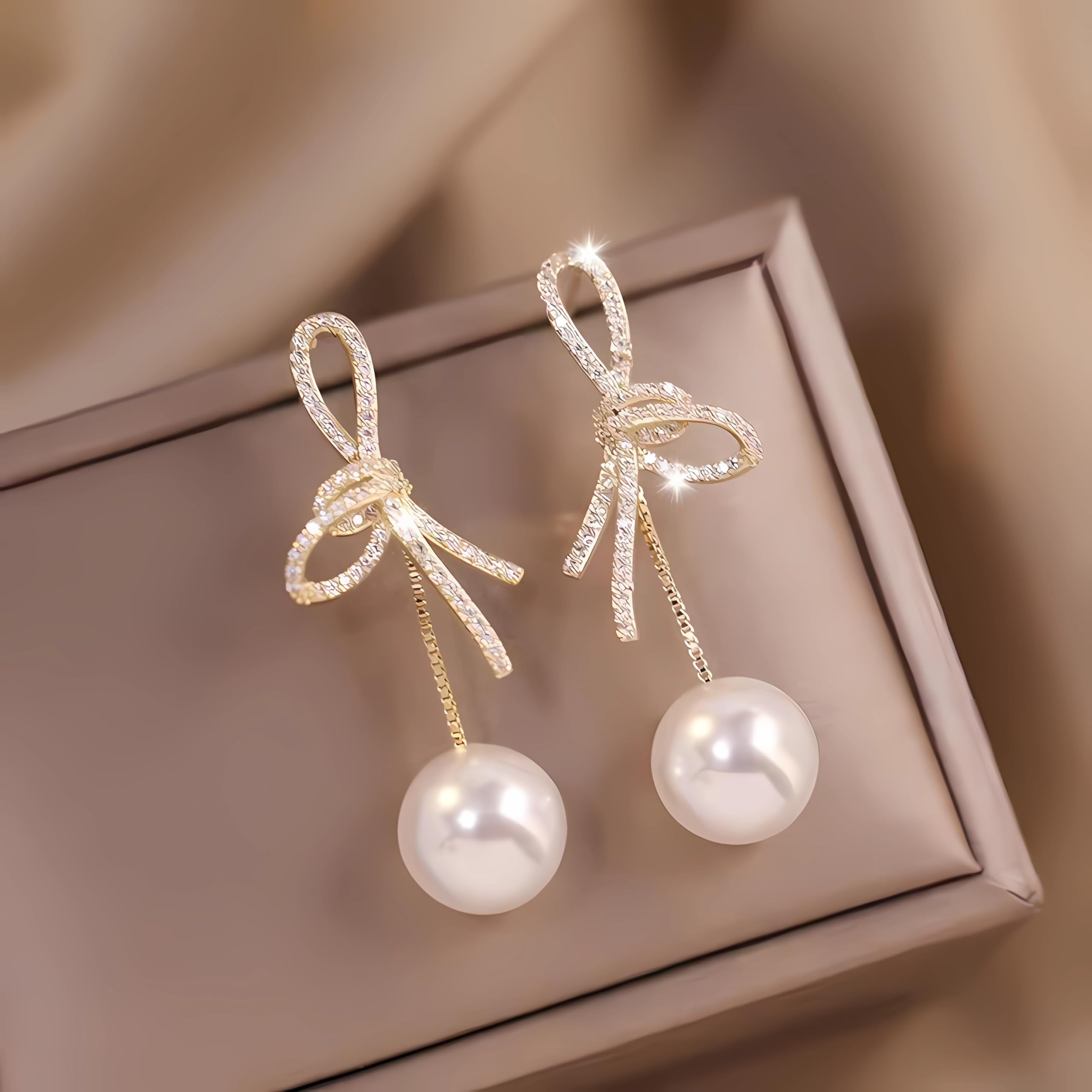 Elegant Bow Pearl Earrings for Women - 14K Gold Plated Crystal Bowknot Dangle Drop Earrings, Dainty Statement Jewelry Gift for Her - Perfect for Weddings, Parties & Special Occasions
