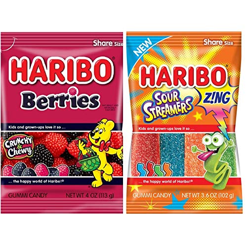 Haribo Sour Streamers ZING & Berries Gummy Candy - 2 Pack Assortment (1 Sour Streamers + 1 Berries) | Tangy & Sweet Treats for Parties, Movie Nights & Snacking