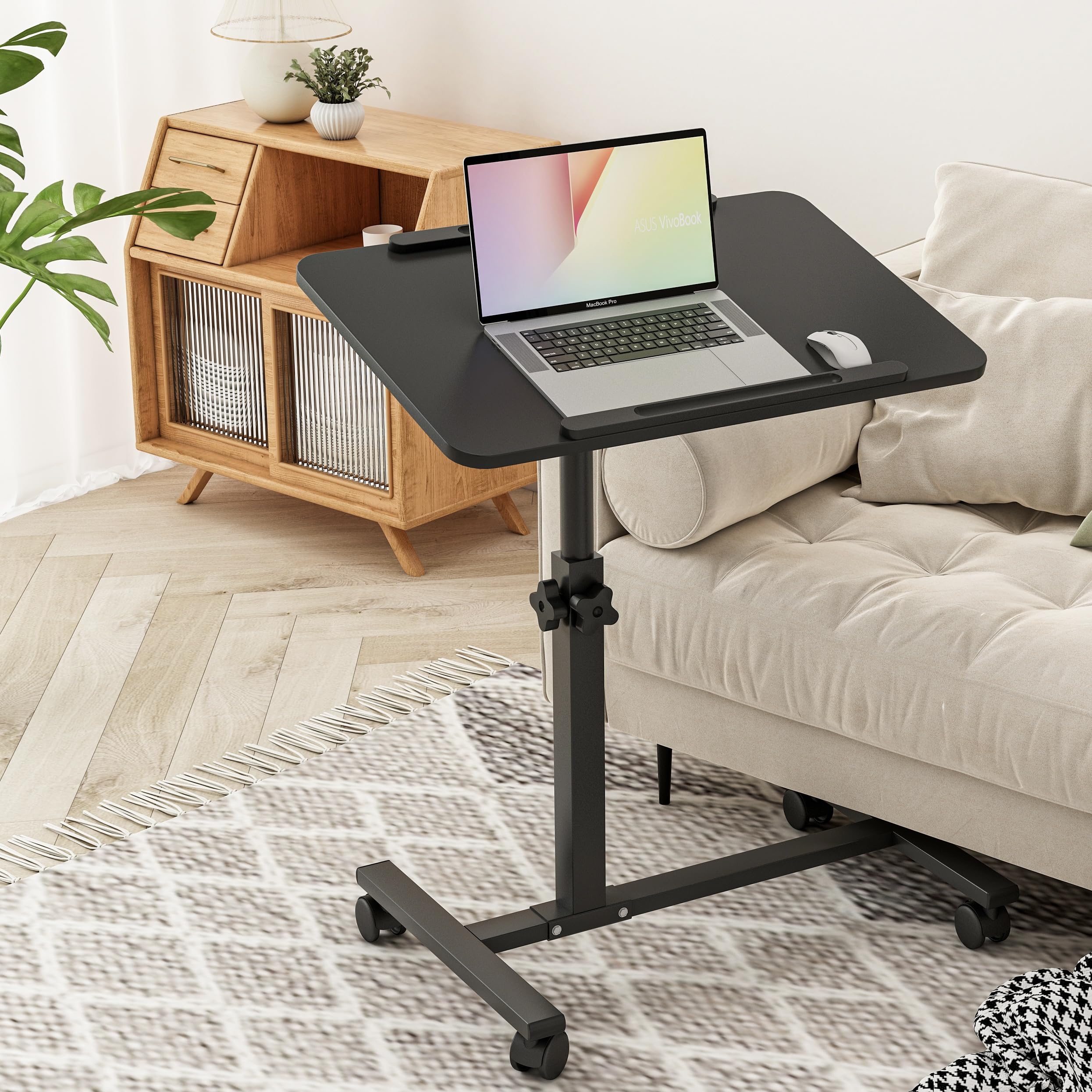 Adjustable Overbed Table with Wheels - Portable Rolling Laptop Tray & Bedside Desk Cart for Hospital, Home, or Office Use - Ideal for Working, Eating, Reading in Bed or Recovering Patients