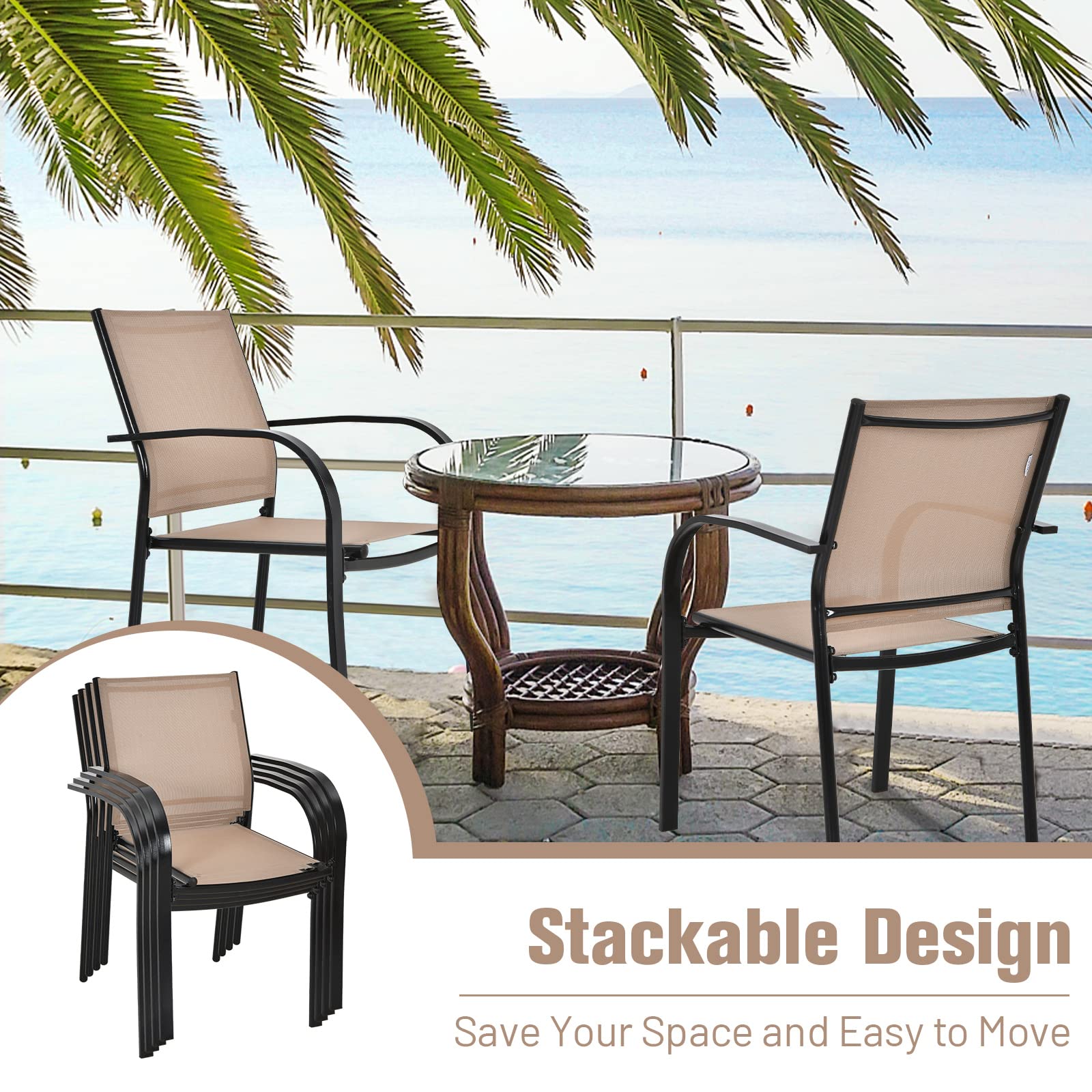 Tangkula Set of 4 Stackable Patio Dining Chairs with Armrests - Rust-Resistant Steel Frame & Quick-Drying Fabric - Outdoor Bistro Chairs for Backyard, Garden, Lawn, Poolside & Restaurant Use