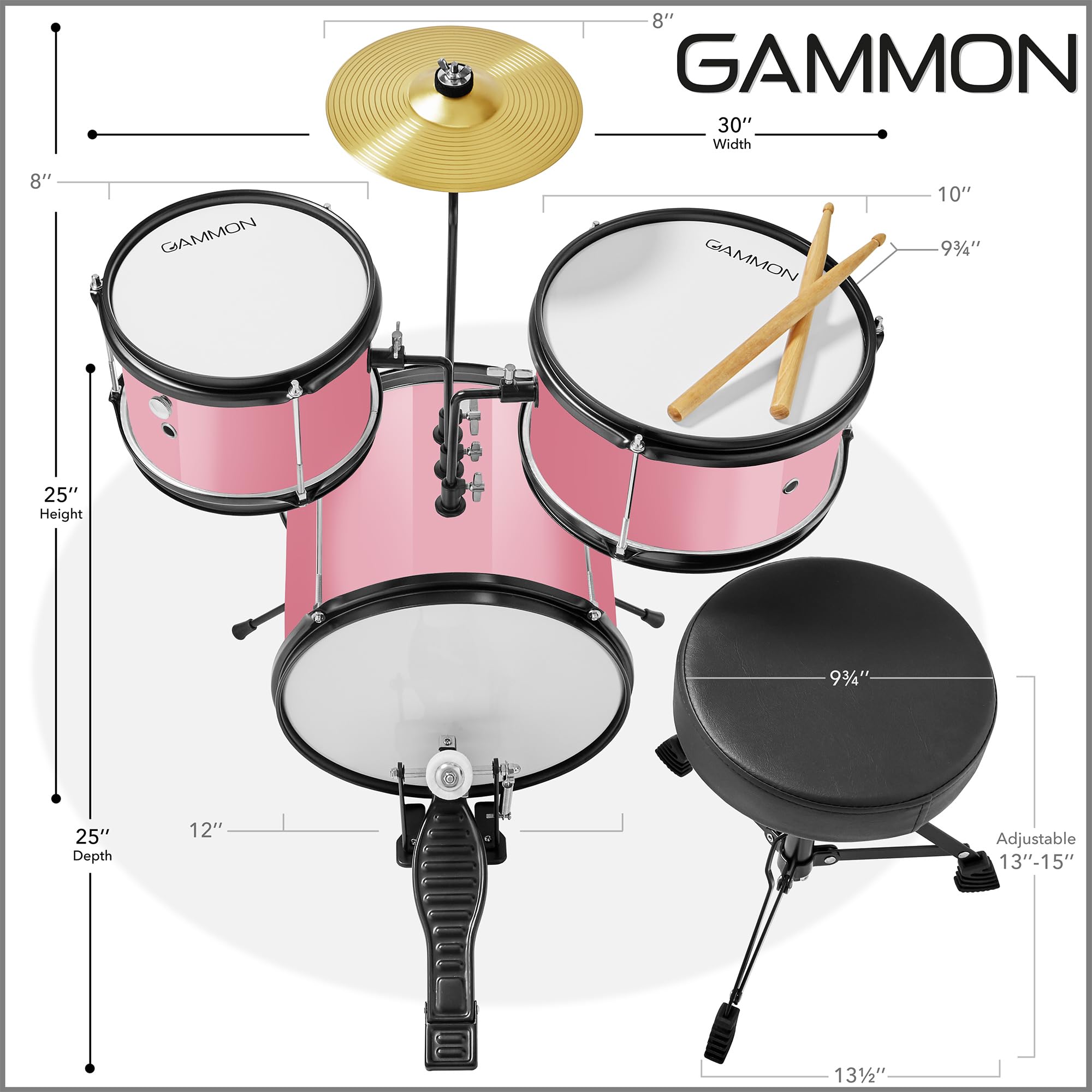 Gammon 3-Piece Junior Drum Set with Throne - Pink, Complete Beginner Drum Kit with Bass Drum, Toms, Cymbal, Pedal & Drumsticks | Perfect for Kids, Teens & Beginners Learning to Play Drums at Home or School