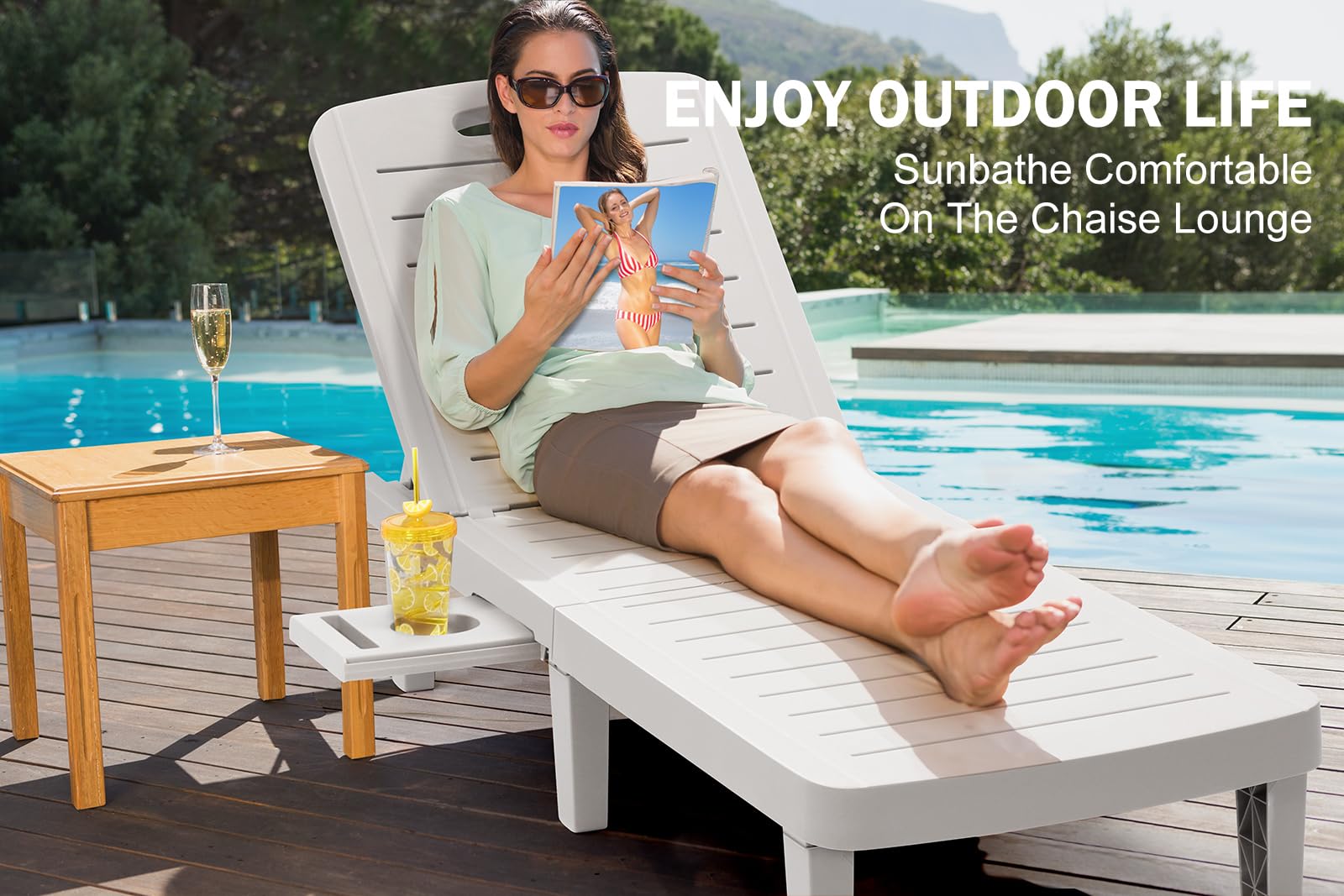 3-Piece Outdoor Chaise Lounge Set - Waterproof Resin Adjustable Recliner Chairs (5 Positions) for Patio, Pool, Beach & Backyard - All-Weather White Lounge Furniture - Perfect for Sunbathing, Relaxing & Outdoor Entertaining
