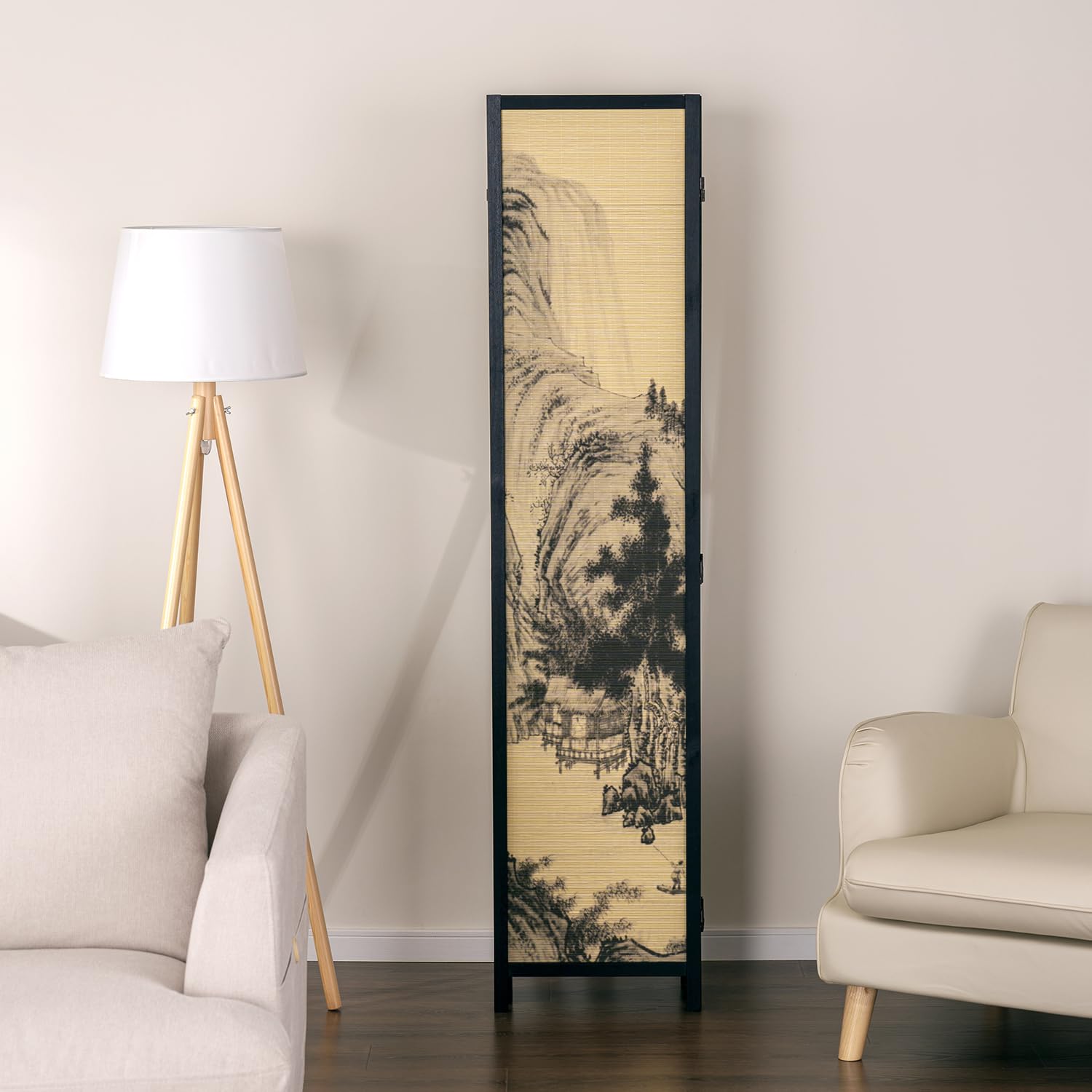 MyGift 6-Panel Bamboo Room Divider with Chinese Calligraphy & Floral Design - Freestanding Folding Screen for Home Office, Bedroom Partition & Asian Decor - Black Wood Frame