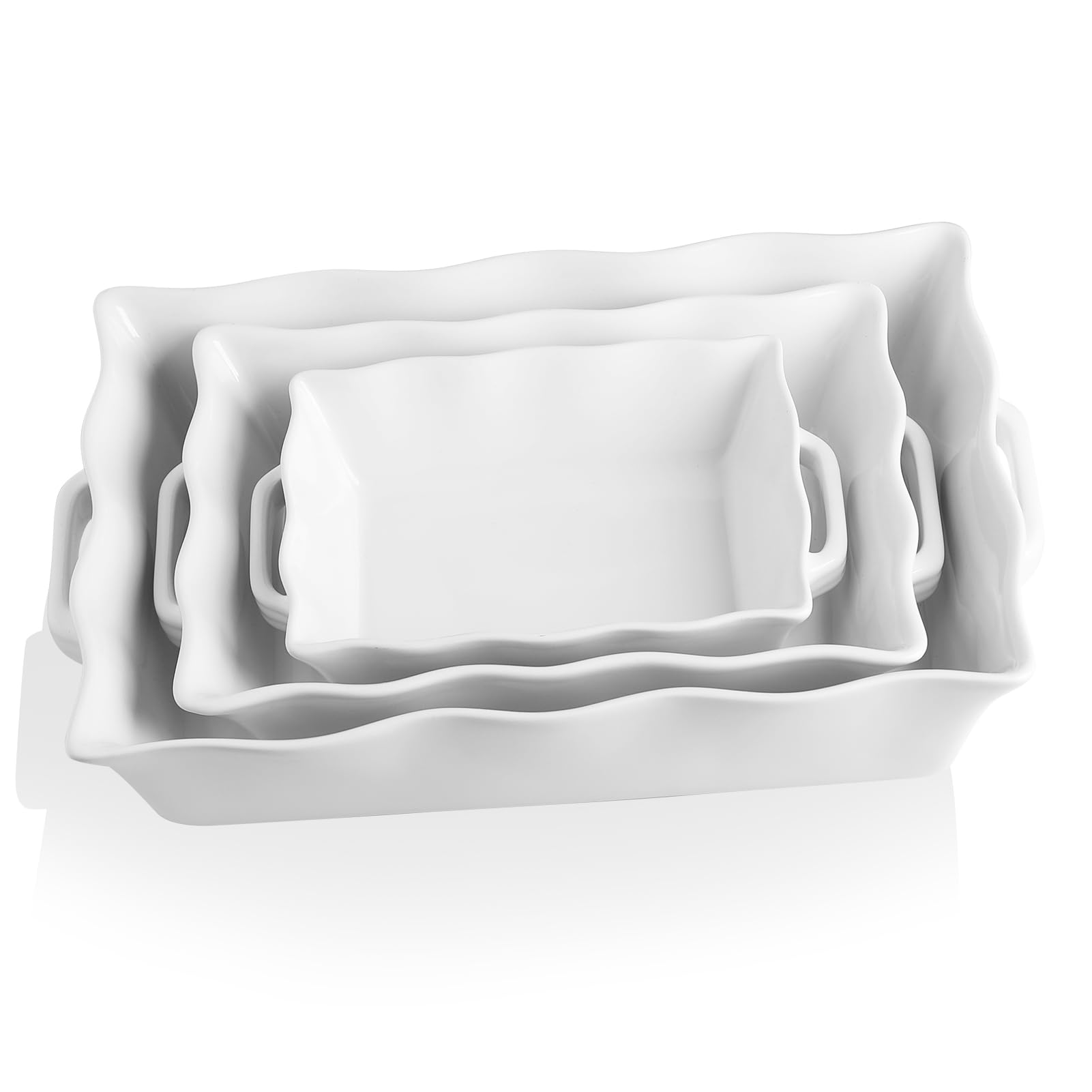 Sweejar 3-Piece Ceramic Casserole Dish Set - Rectangular Baking Pan with Handles & Wave Edge, Oven Safe Lasagna Pan for Cooking, Baking Cakes, Family Dinners, Banquets & Daily Kitchen Use (White) - Perfect for Holiday Meals, Potlucks & Entertaining Guests