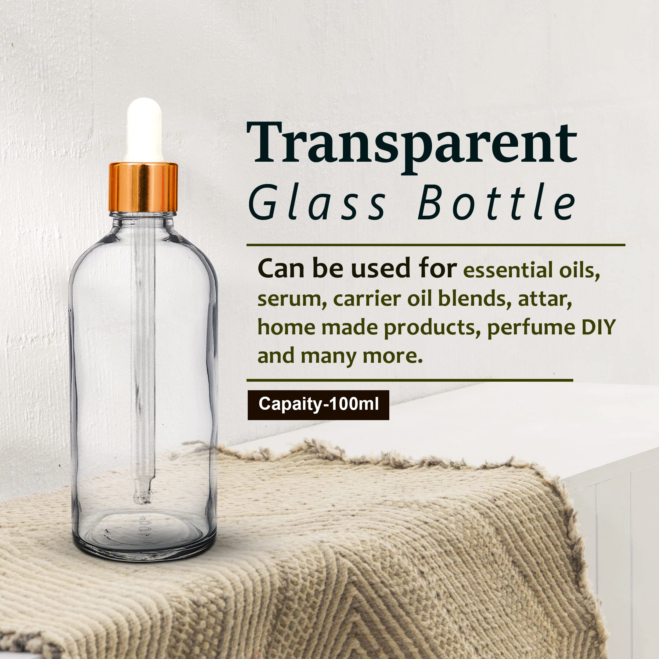 NSB Herbals 100ml Clear Round Empty Glass Bottle with Glass Dropper, Golden Ring & White Silicone Teat - Refillable for Essential Oils, Perfumes, DIY Beauty (Pack of 1) | Perfect for Aromatherapy, Travel & Home Fragrance