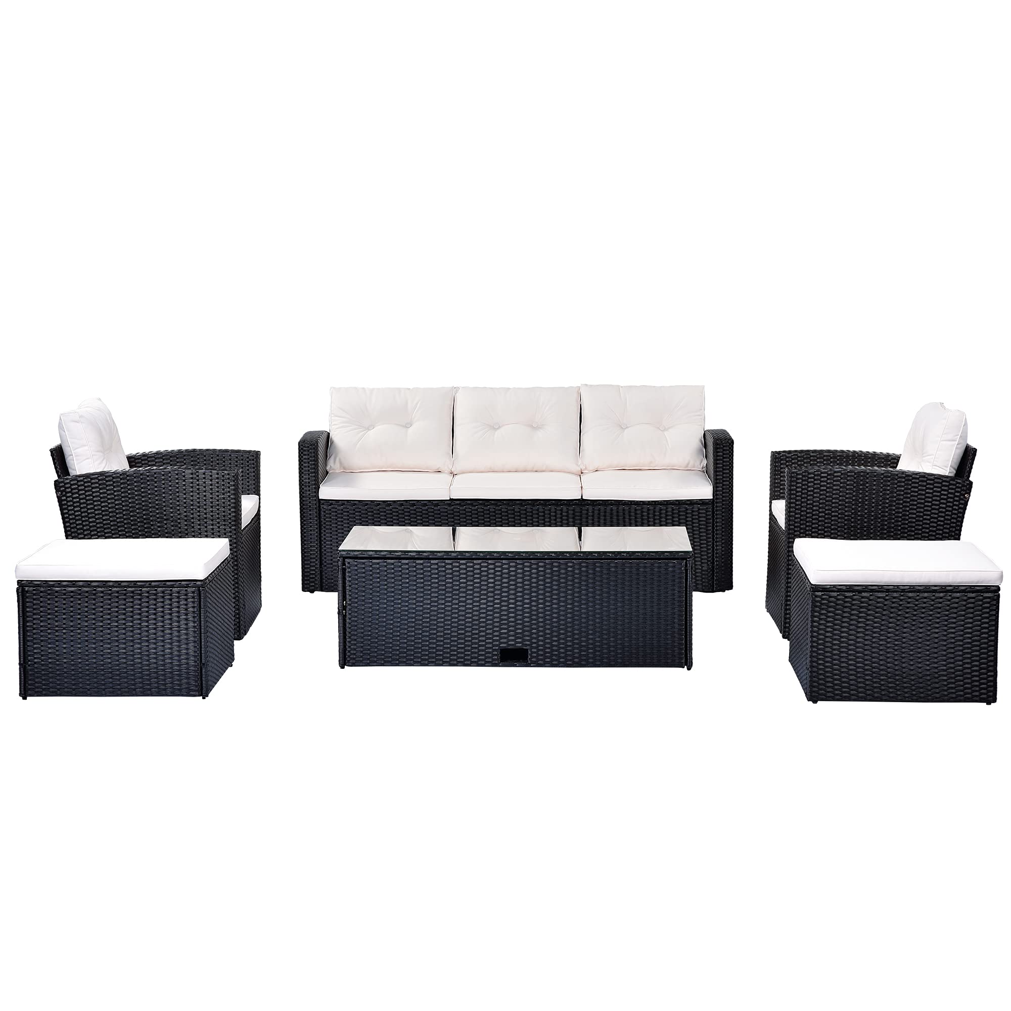 6-Piece Outdoor Patio Furniture Set - Rattan Wicker Sectional Sofa with Glass Coffee Table, Ottomans, Armchairs & Washable Cushions (Black + Beige) - Perfect for Backyard, Garden, Poolside & Patio Relaxation
