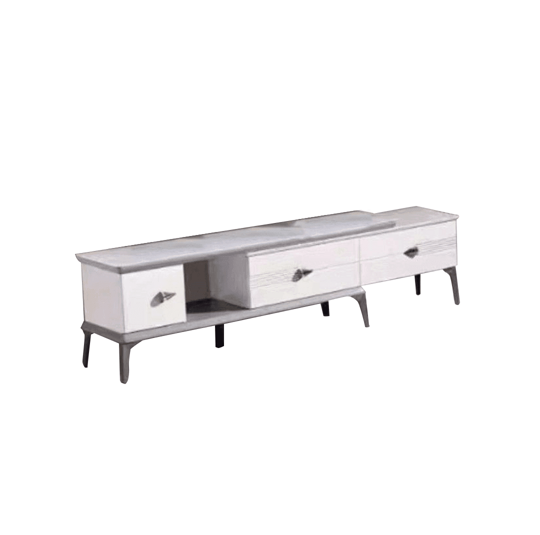 Etta Extendable TV Stand with Glossy White Jade Stone Top - Modern Entertainment Center for Living Room, Bedroom & Home Theater Setup