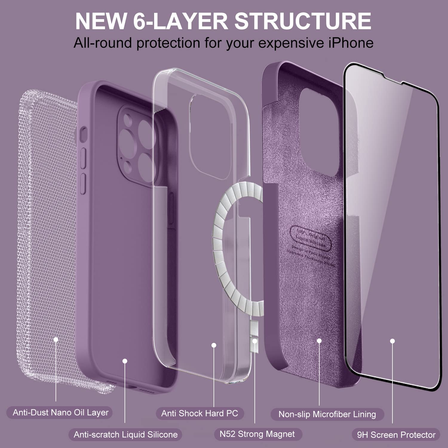 Magnetic Silicone Case for iPhone 14 Pro - Shockproof Liquid Silicone Cover with 9H Tempered Glass Screen Protector & Soft Microfiber Lining | Full Camera Protection | MagSafe Compatible | Grape Purple | Perfect for Daily Use, Travel & Outdoor Activities