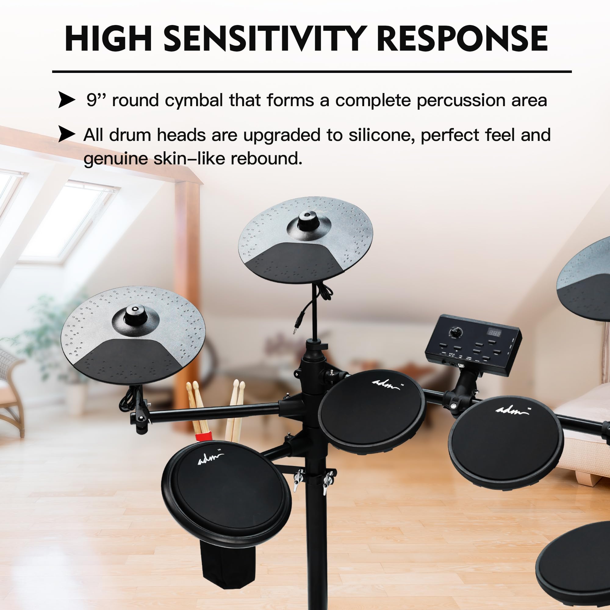 ADM Electronic Drum Set with 4 Quiet Mesh Pads - 180+ Realistic Sounds, Beginner Electric Drum Kit with Dual Pedals, Throne, Headphones & Sticks | Perfect for Home Practice, Music Lessons & Silent Training