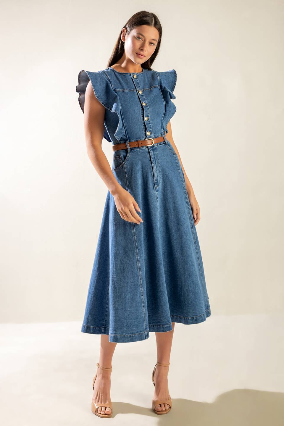 Indigo Ruffle Sleeve Denim Midi Dress for Women - Stylish Casual & Party Wear - Perfect for Date Nights, Brunch, and Summer Outings