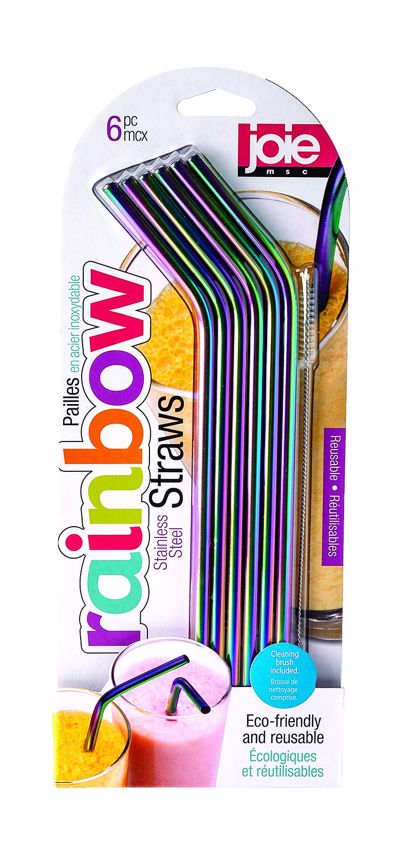 Joie Rainbow Stainless Steel Reusable Drinking Straws - Set of 6 Eco-Friendly Metal Straws with Cleaning Brush & Iridescent Shine | Perfect for Smoothies, Iced Coffee, Cocktails & Home/Office Use