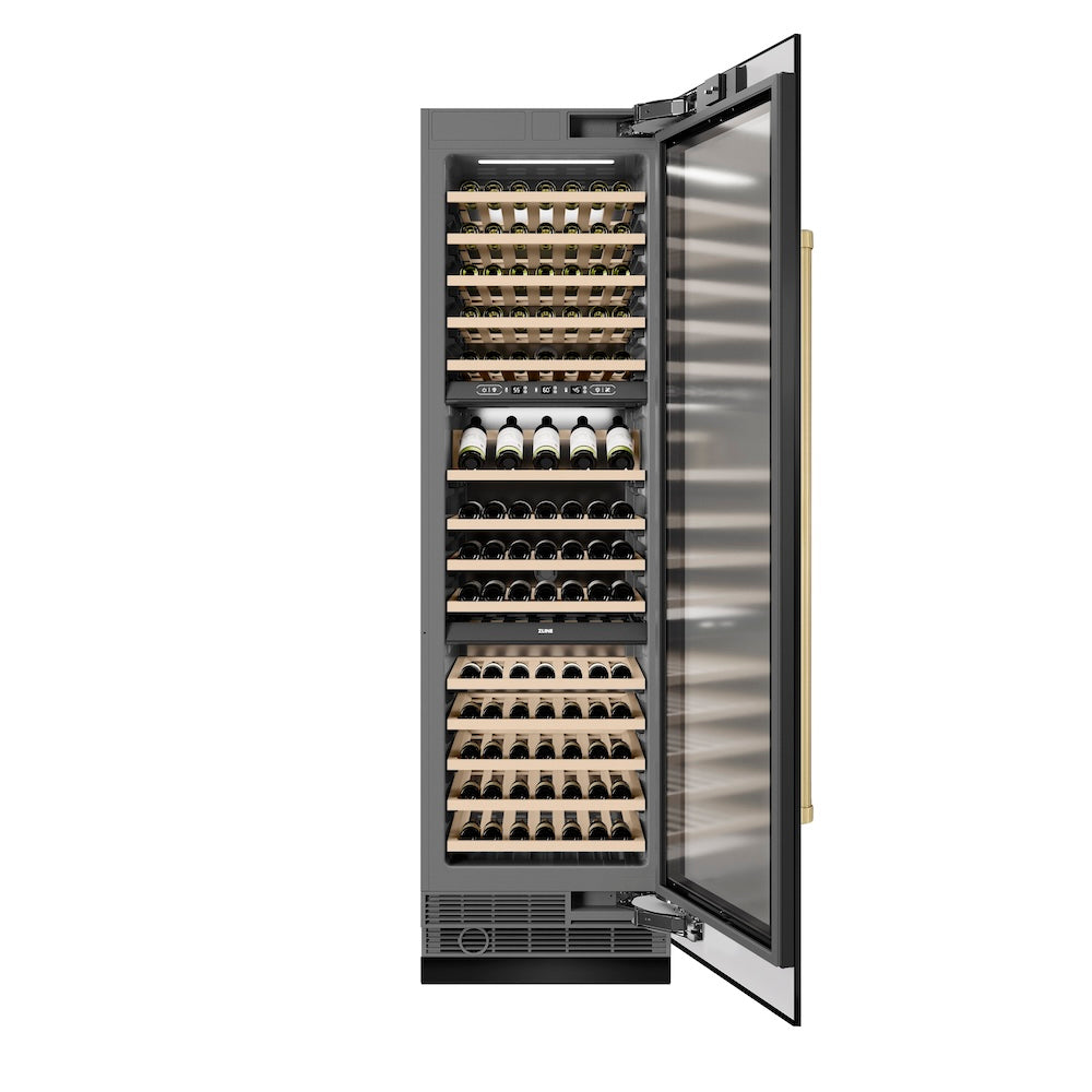ZLINE Autograph Edition 24 Inch 12.4 Cu Ft Triple Zone 100 Bottle Wine Cooler Refrigerator - Black Stainless Steel with Champagne Bronze Accents (RCWVZ BS 24 CB) for Home Bar, Kitchen, and Wine Cellar Storage