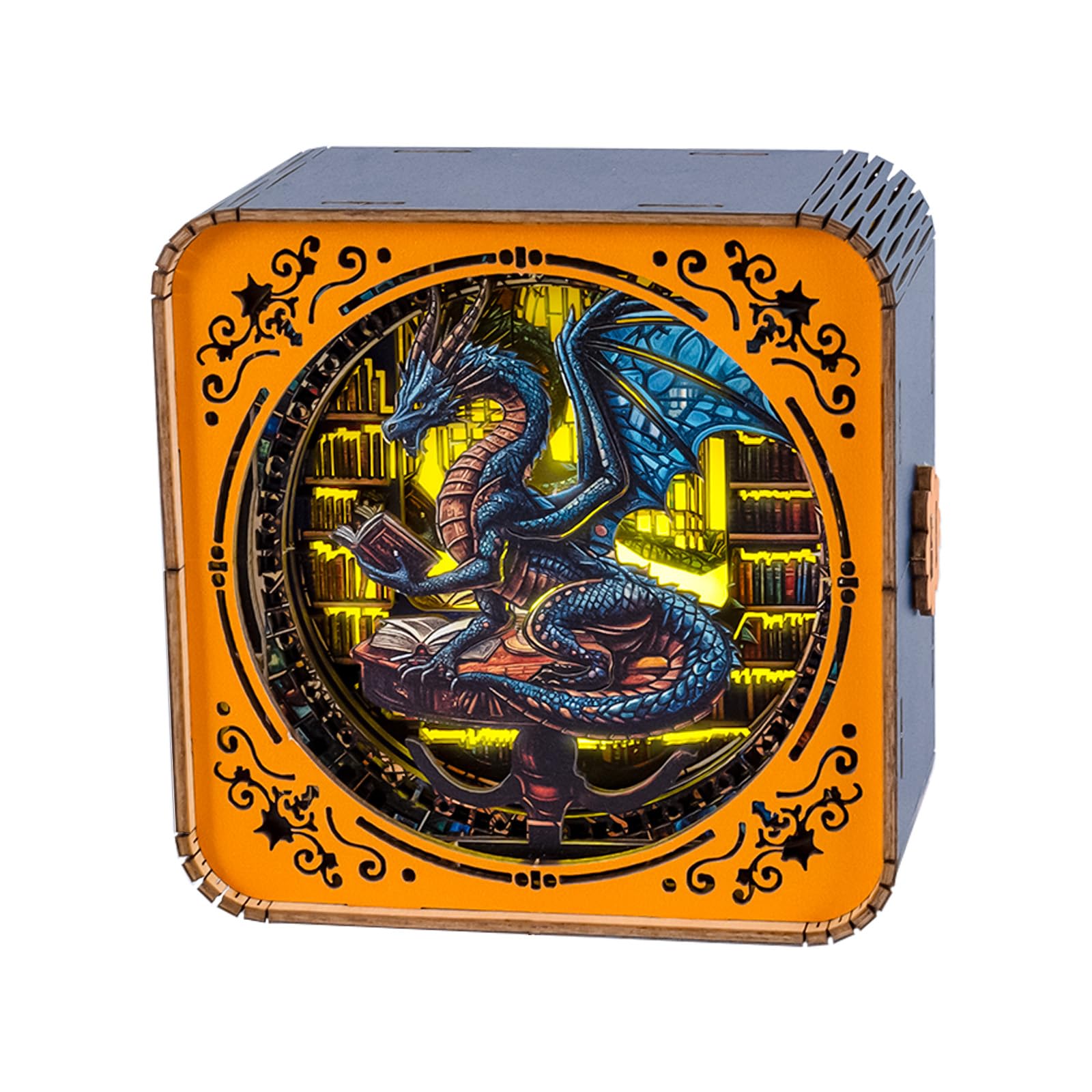 WOODBESTS 3D Wooden Puzzle Night Light - DIY Library's Dragon Puzzle for Adults & Seniors - Exquisite Desk Decor for Puzzle Lovers - Perfect for Bedroom, Study Room & Gift Giving