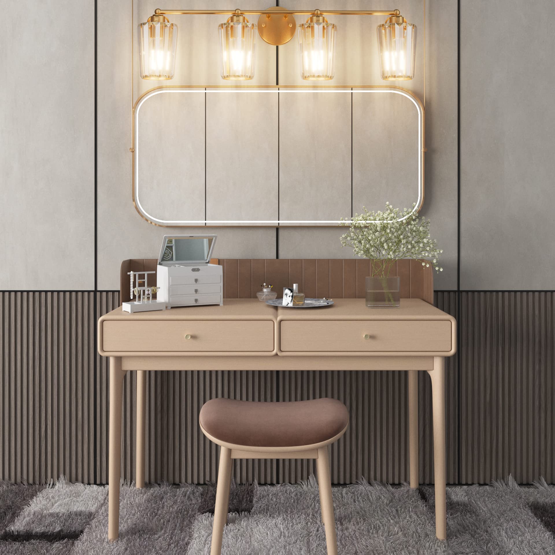Aipsun Gold Modern Bathroom Vanity Light - 4-Light Crystal Vanity Lighting Fixture (Bulbs Not Included) - Perfect for Bathroom Makeup, Shaving & Grooming Areas