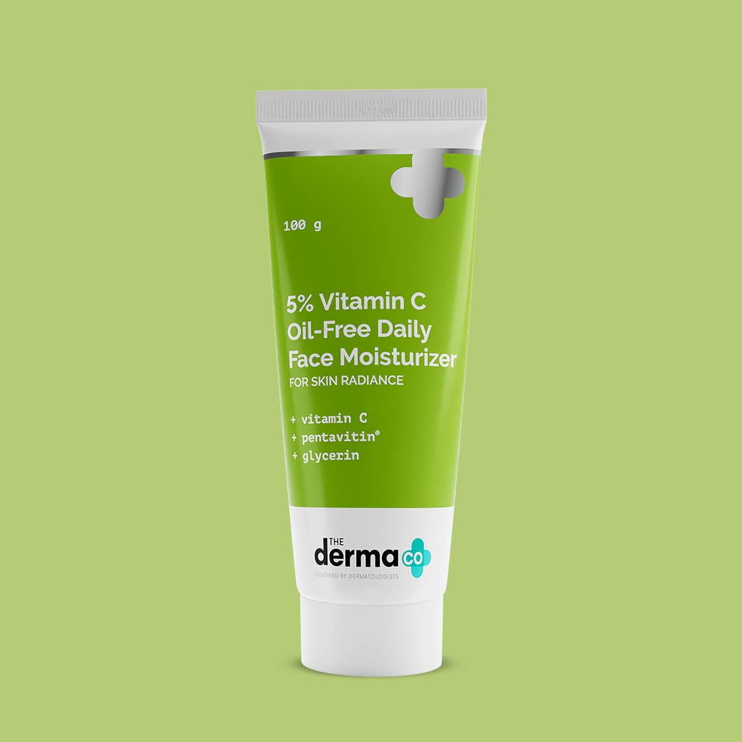 The Derma Co 5% Vitamin C Oil-Free Daily Face Moisturizer for Oily Skin - Brightening & Non-Greasy Formula (100g) | Lightweight Hydration for Glowing Skin | Day & Night Use for Radiant Complexion