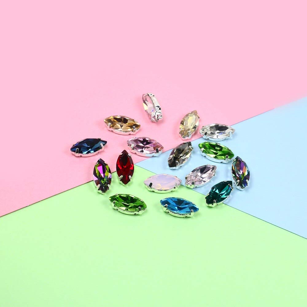 Crystal Leaf Sew-On Rhinestones - Silver Claw Marquise Glass Strass Appliques for Clothing (Mix Colors 7-15mm, 30pcs) | Perfect for DIY Fashion, Costume Design & Embellishing Dresses