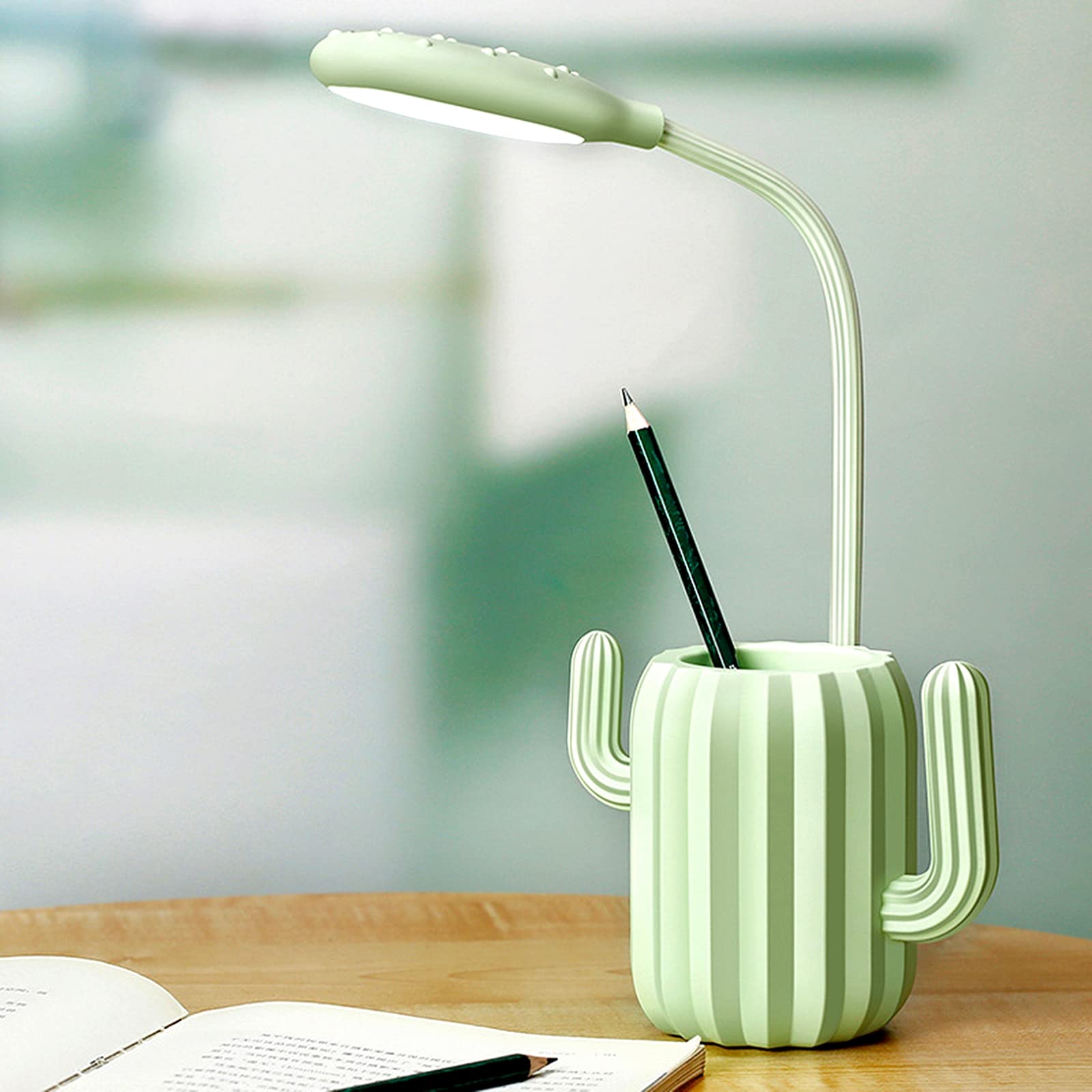 LED Cactus Desk Lamp - Dimmable Eye Protection Study Light with Pen Holder, Green Night Light for Kids & Teens, Perfect Gift for Girls - Ideal for Bedroom, Study Room, and Home Office Decor