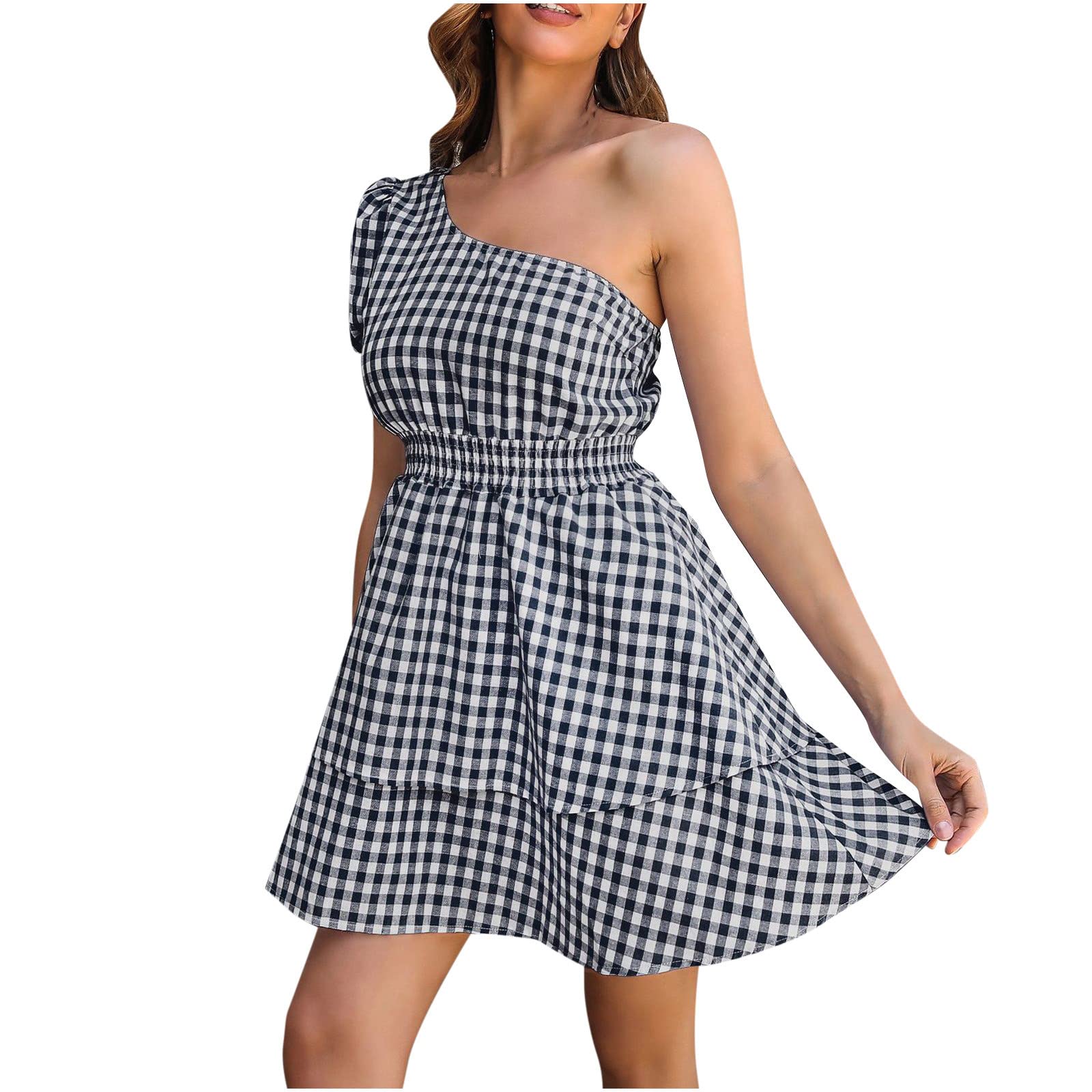 Women's One Shoulder Sleeveless Lace Flowy Tiered Short Dress - Casual Summer Beach Dress for Ladies | Perfect for Vacations, Parties & Outdoor Events